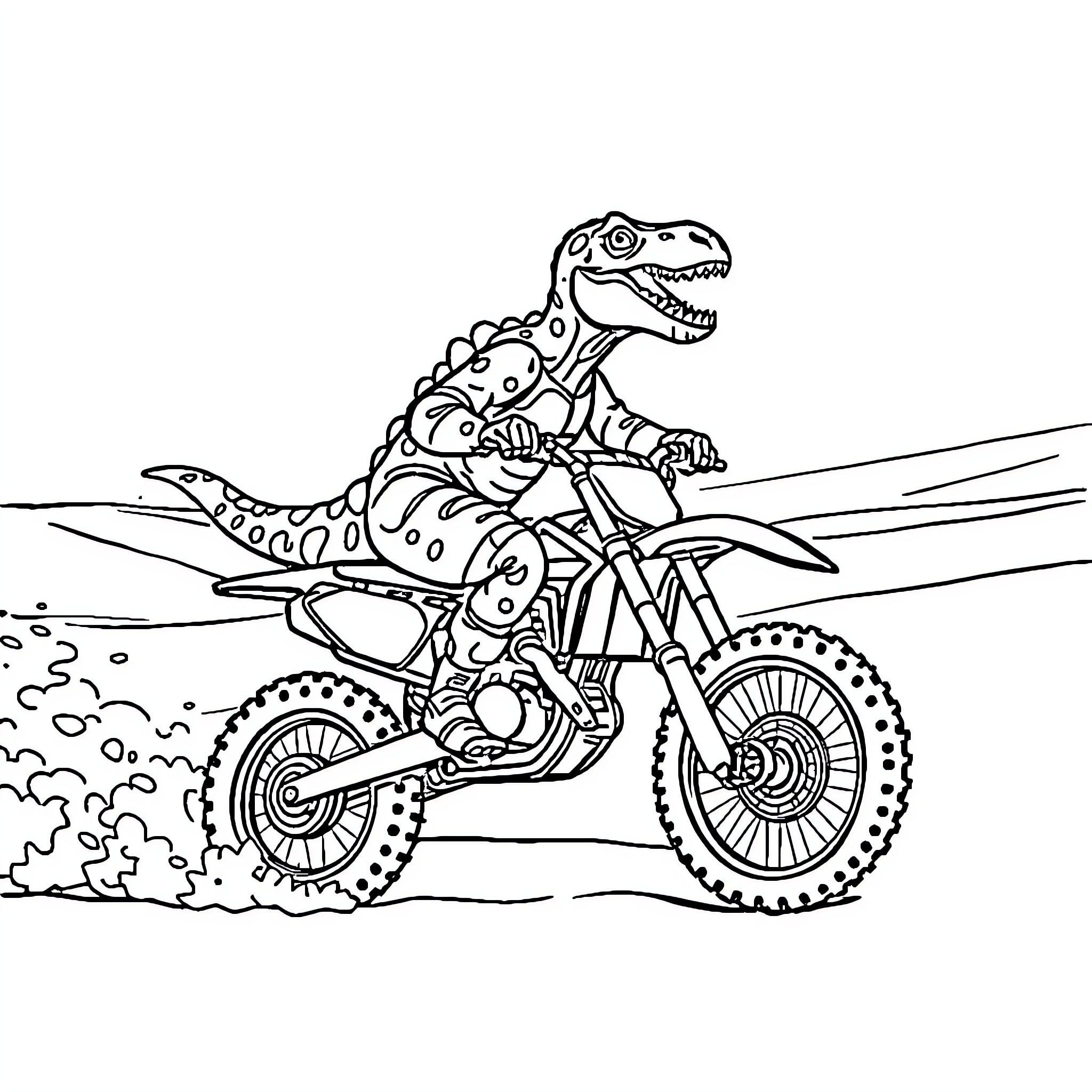 Dinosaur riding a dirt bike through the mud Coloring Page (free black-and-white line drawing printable PDF for all, from beginners to advanced learners, including children, teens, adults, and seniors)