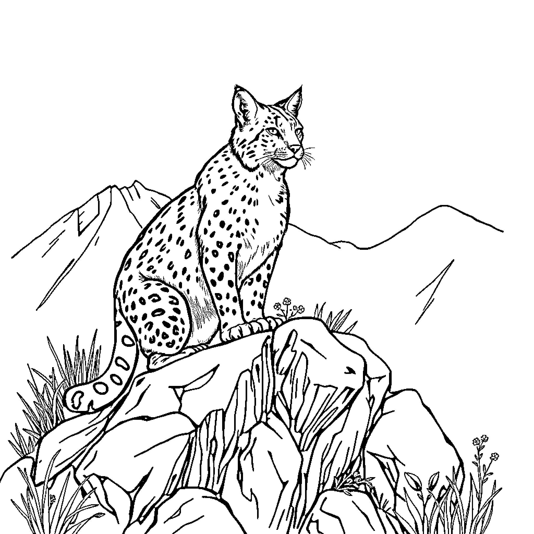Bobcat sitting atop rocky mountain landscape Coloring Page (free black-and-white line drawing printable PDF for all, from beginners to advanced learners, including children, teens, adults, and seniors)