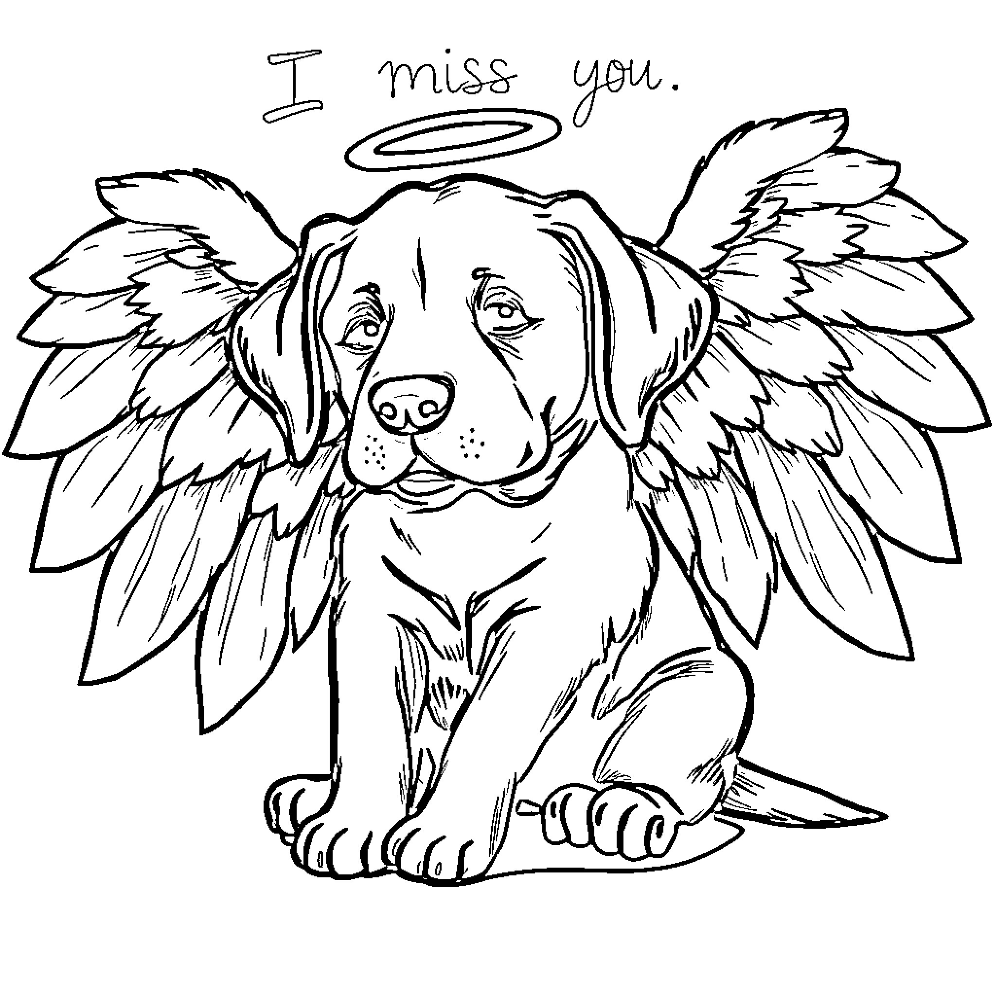 Dog angel missing you with halo Coloring Page (free black-and-white line drawing printable PDF for all, from beginners to advanced learners, including children, teens, adults, and seniors)