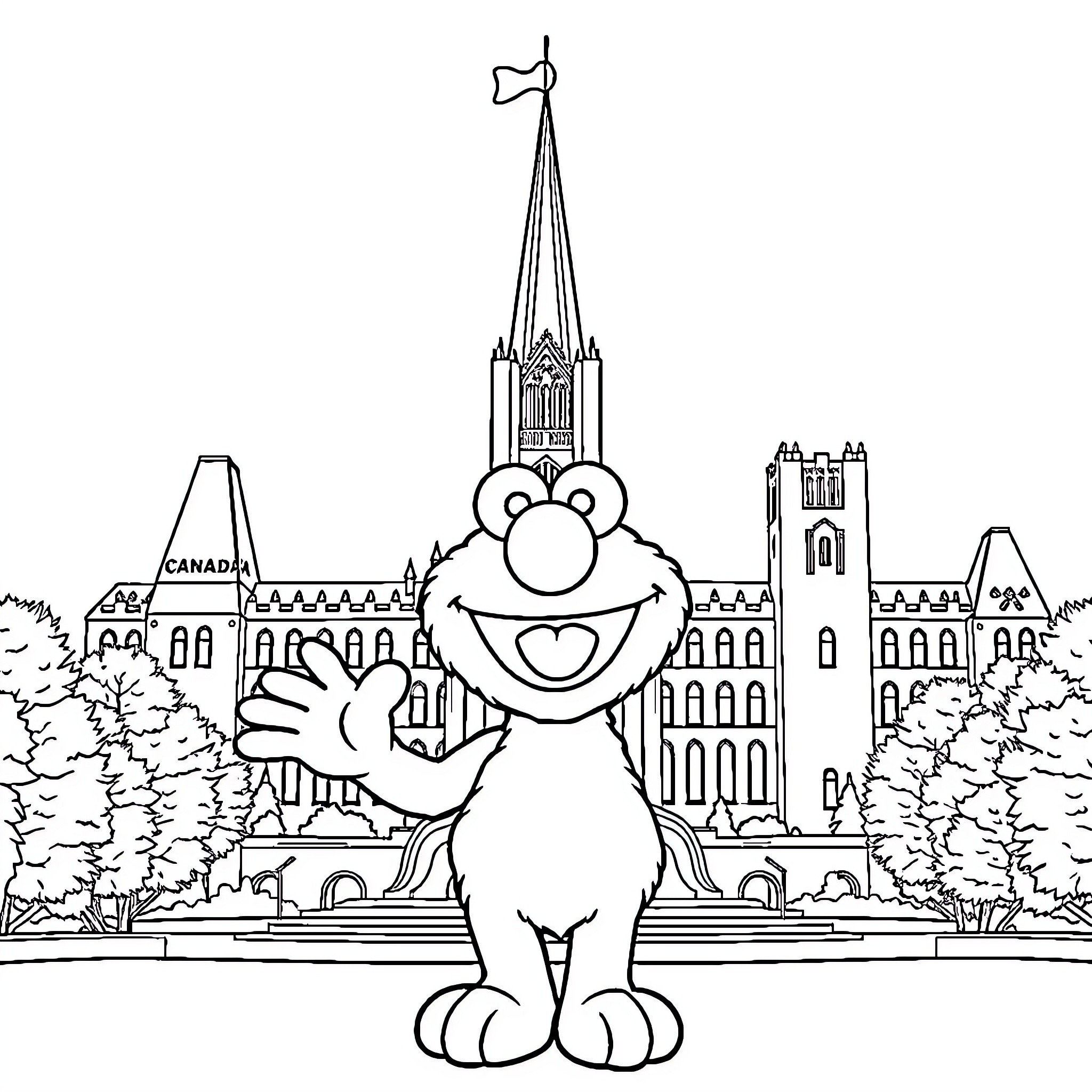 Elmo Exploring Iconic Landmarks and Architecture Coloring Page (free black-and-white line drawing printable PDF for all, from beginners to advanced learners, including children, teens, adults, and seniors)