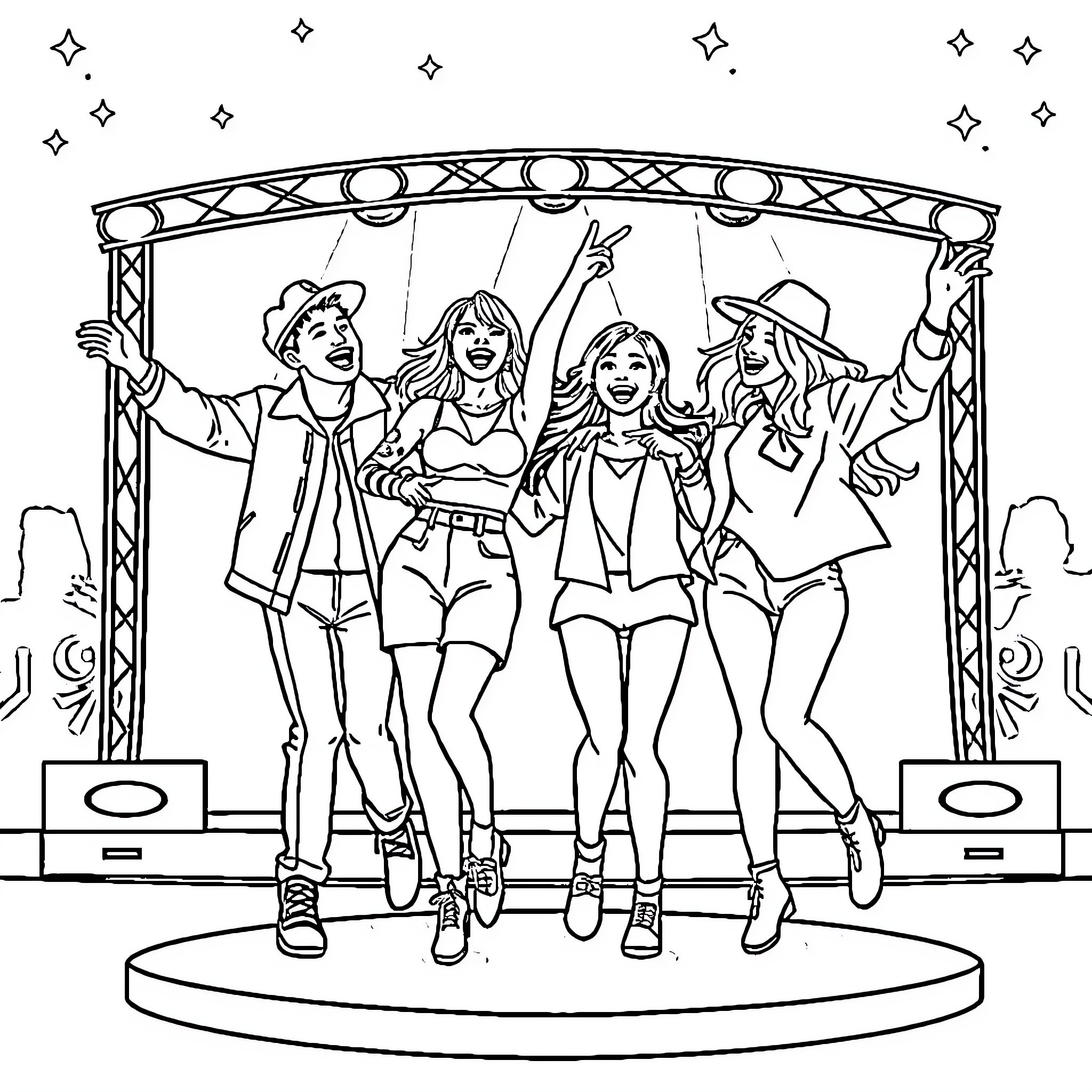 Rumi's Dance Party on Stage Coloring Page (free black-and-white line drawing printable PDF for all, from beginners to advanced learners, including children, teens, adults, and seniors)