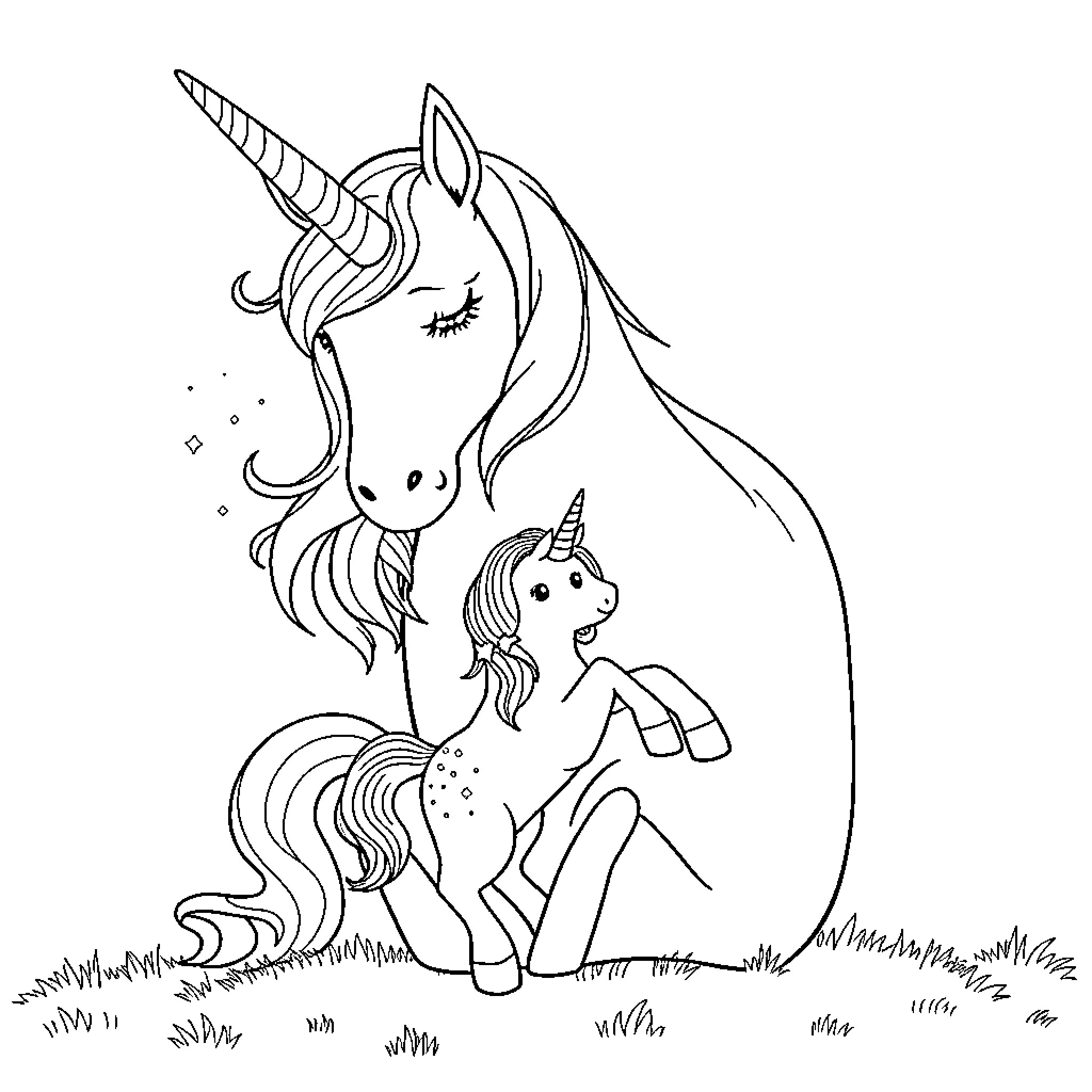 Unicorn mother and foal playing in field Coloring Page (free black-and-white line drawing printable PDF for all, from beginners to advanced learners, including children, teens, adults, and seniors)