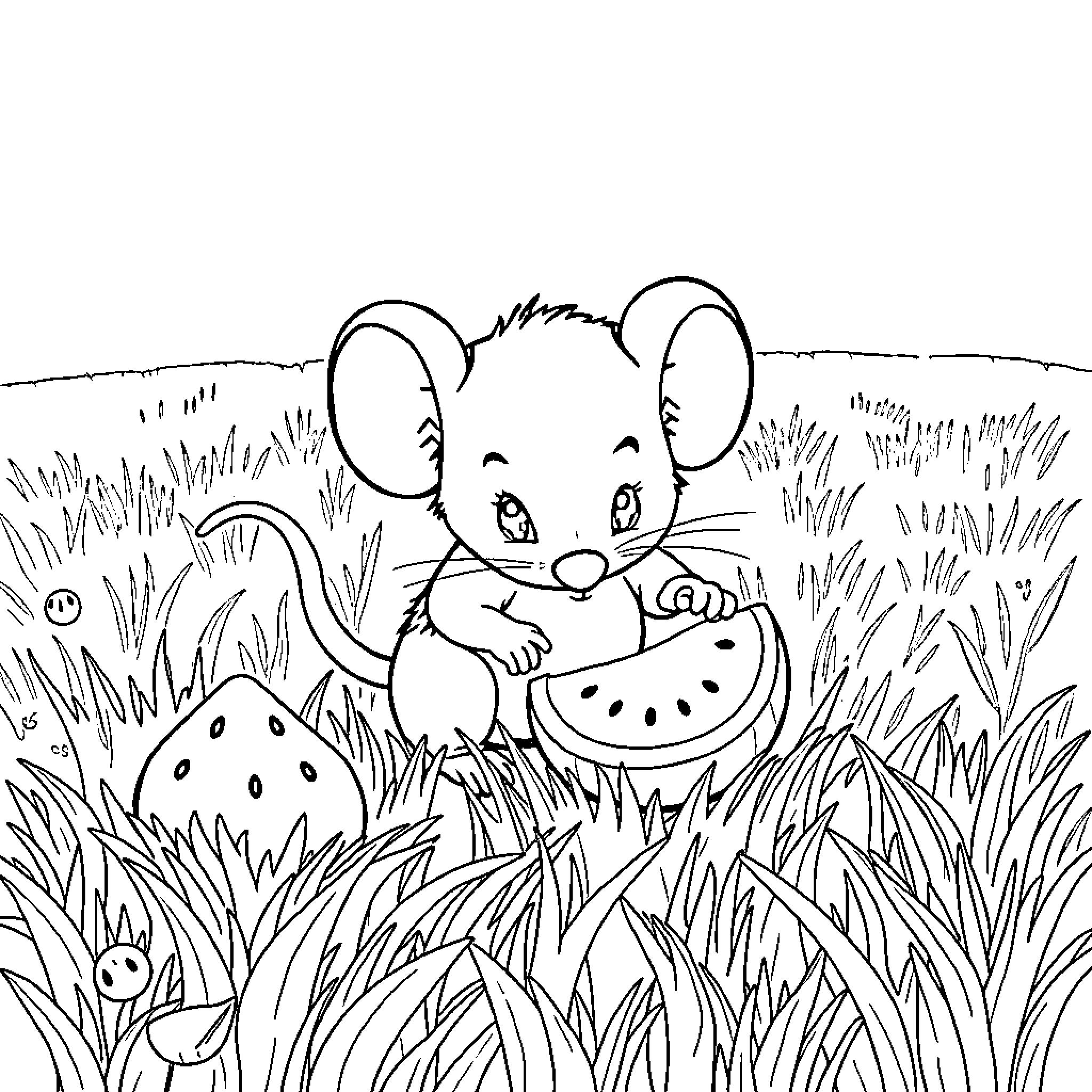 Mouse enjoying a watermelon in a grassy field Coloring Page (free black-and-white line drawing printable PDF for all, from beginners to advanced learners, including children, teens, adults, and seniors)