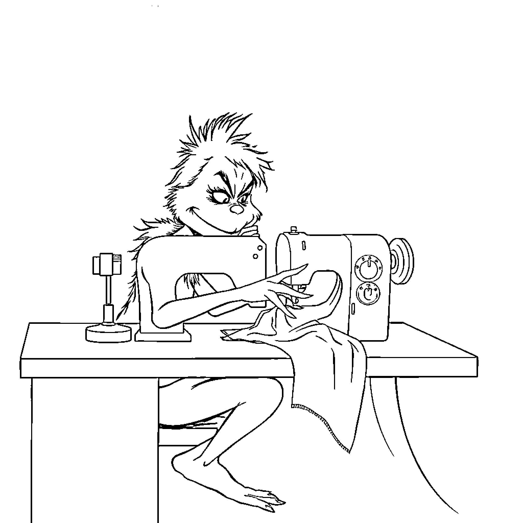 Grinch sewing with focus and determination Coloring Page (free black-and-white line drawing printable PDF for all, from beginners to advanced learners, including children, teens, adults, and seniors)