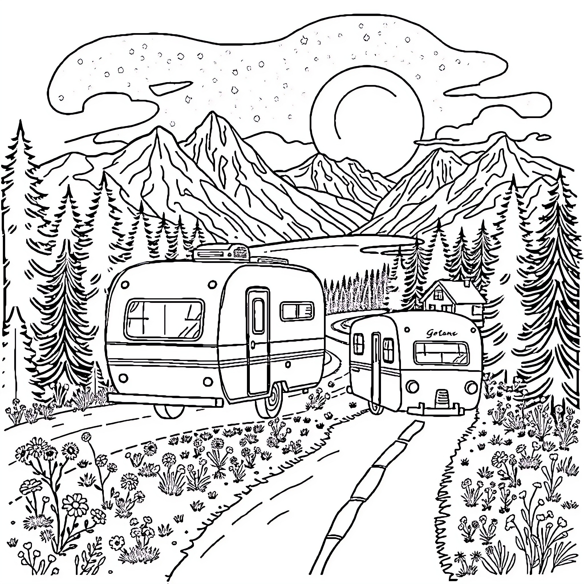 Road Trip Through Snowy Mountain Wilderness Coloring Page (free black-and-white line drawing printable PDF for all, from beginners to advanced learners, including children, teens, adults, and seniors)