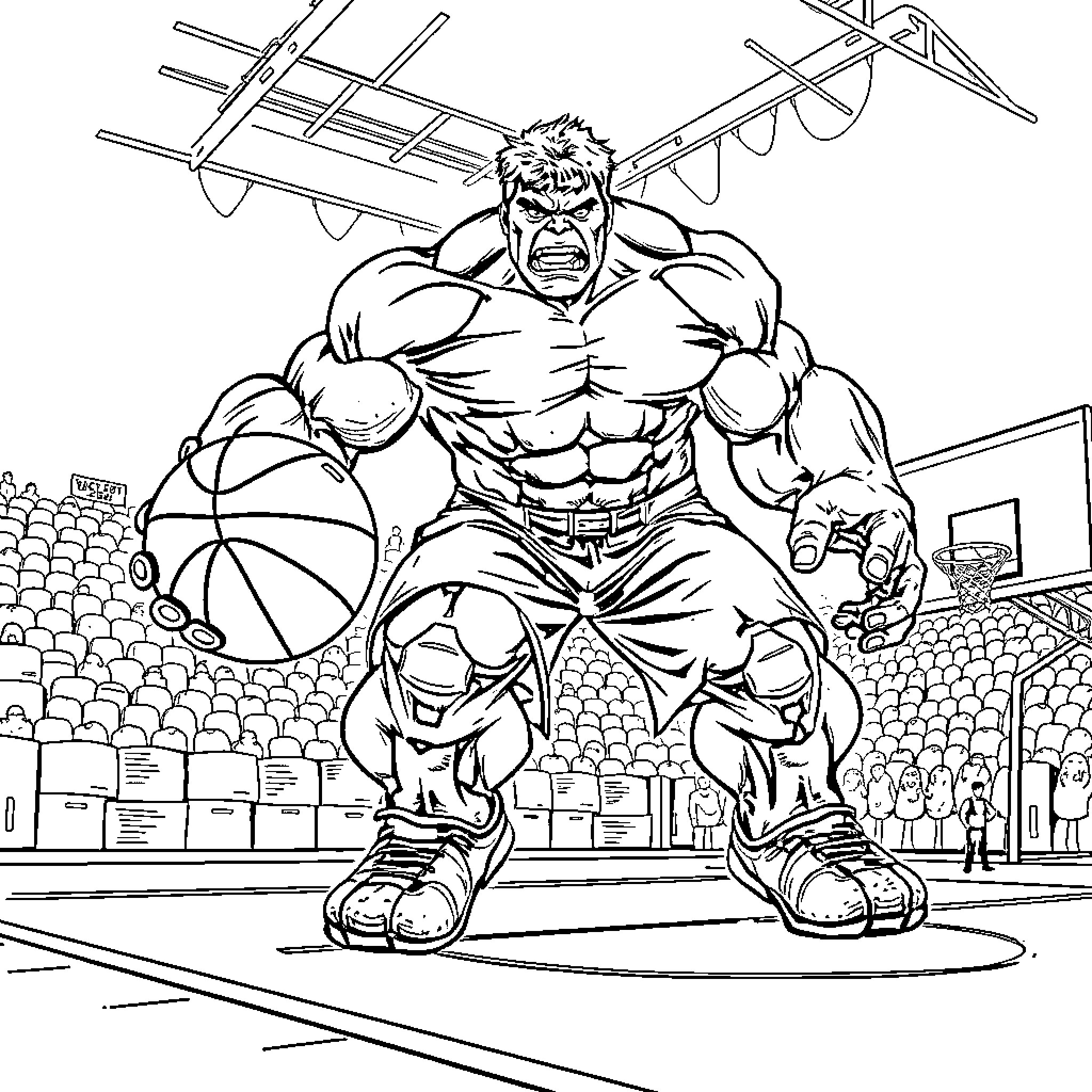 Hulk Dominates the Basketball Court Coloring Page (free black-and-white line drawing printable PDF for all, from beginners to advanced learners, including children, teens, adults, and seniors)