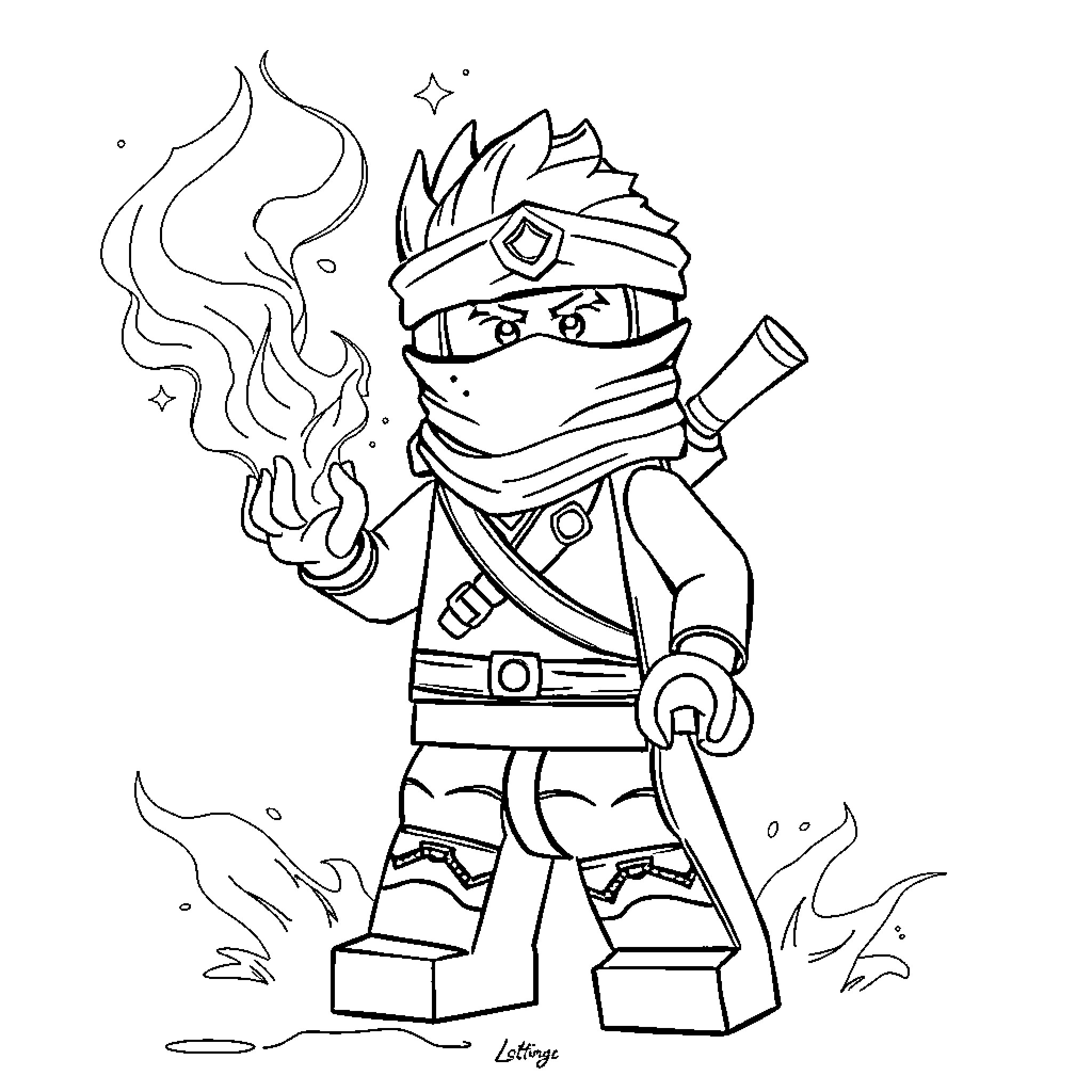 Kai the Ninja Warrior in Action Coloring Page (free black-and-white line drawing printable PDF for all, from beginners to advanced learners, including children, teens, adults, and seniors)