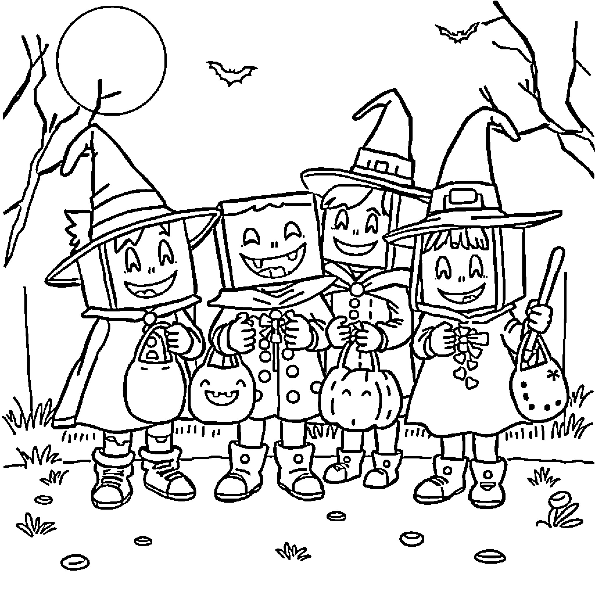 Numberblocks in Halloween Costumes Coloring Page (free black-and-white line drawing printable PDF for all, from beginners to advanced learners, including children, teens, adults, and seniors)