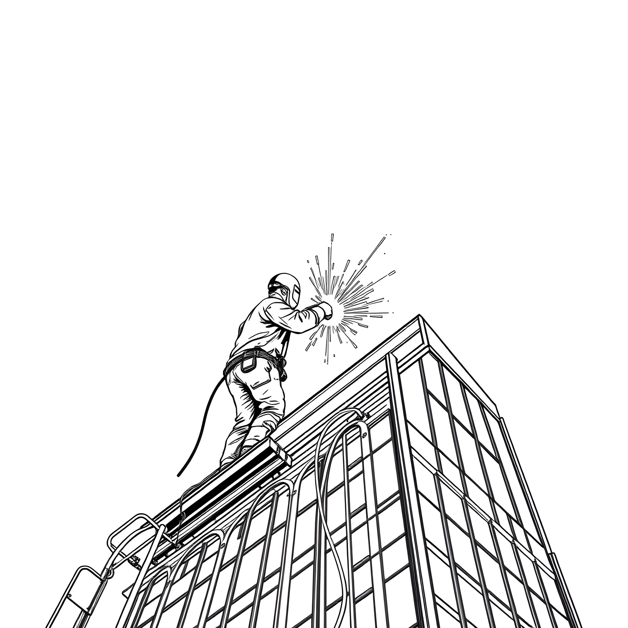 Welder working on high-rise building Coloring Page (free black-and-white line drawing printable PDF for all, from beginners to advanced learners, including children, teens, adults, and seniors)
