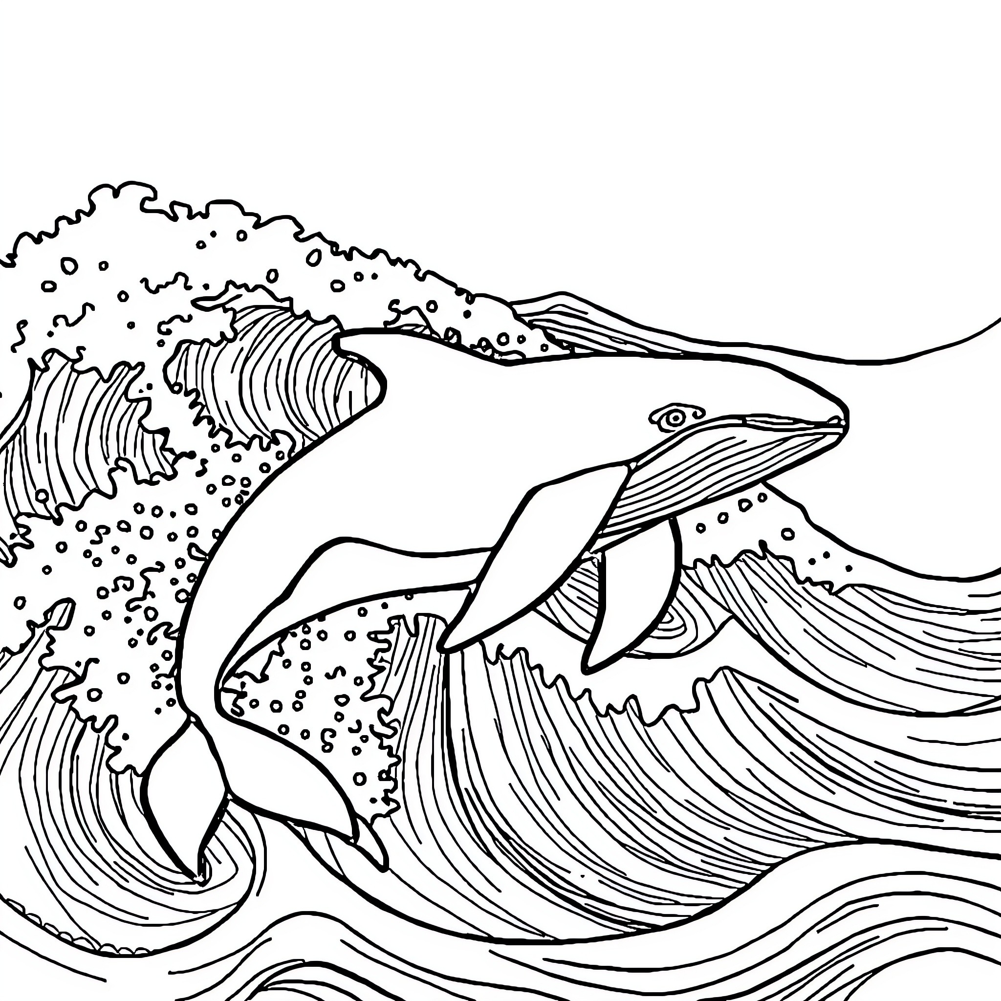 Whale Riding the Waves Coloring Page (free black-and-white line drawing printable PDF for all, from beginners to advanced learners, including children, teens, adults, and seniors)