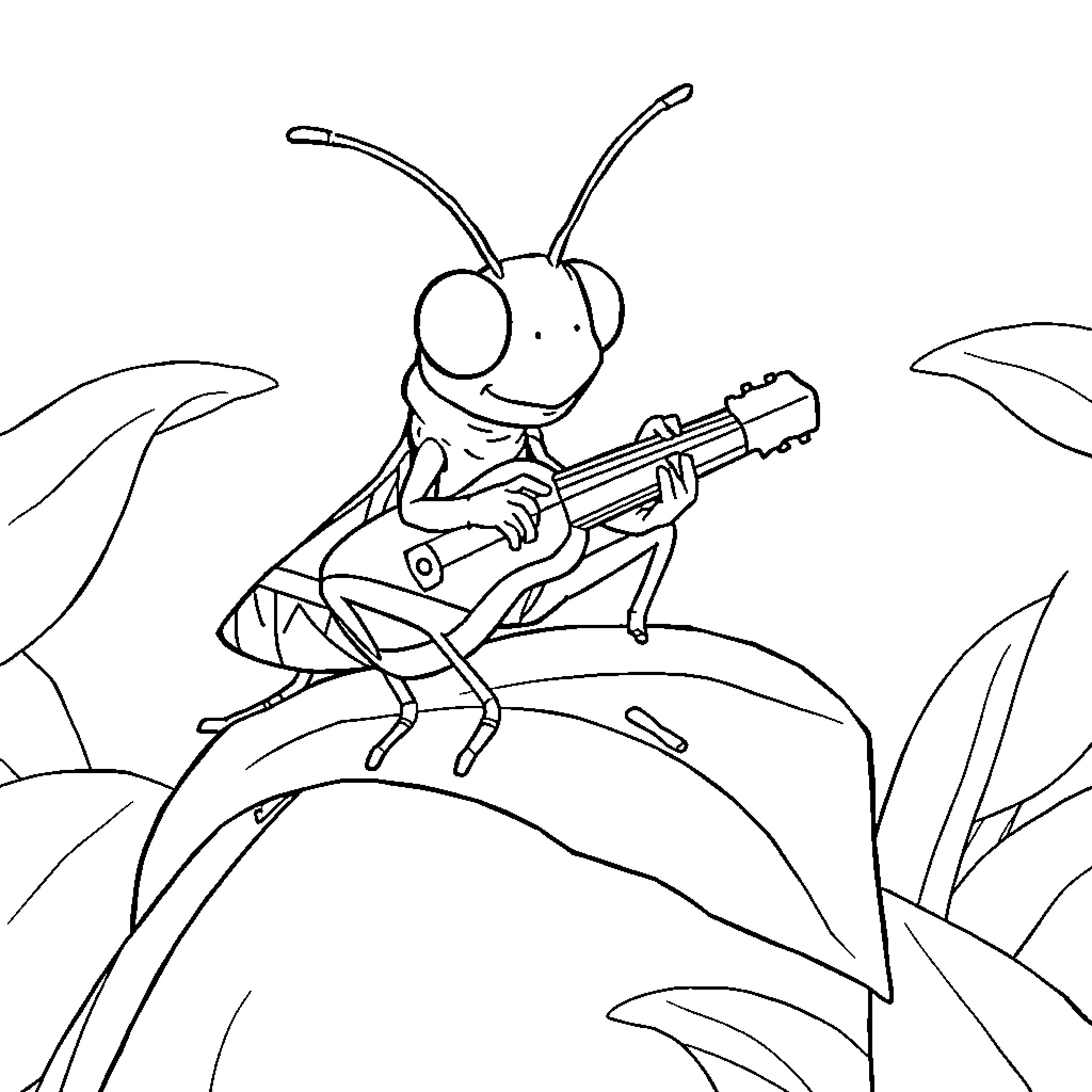 Grasshopper playing guitar in nature Coloring Page (free black-and-white line drawing printable PDF for all, from beginners to advanced learners, including children, teens, adults, and seniors)
