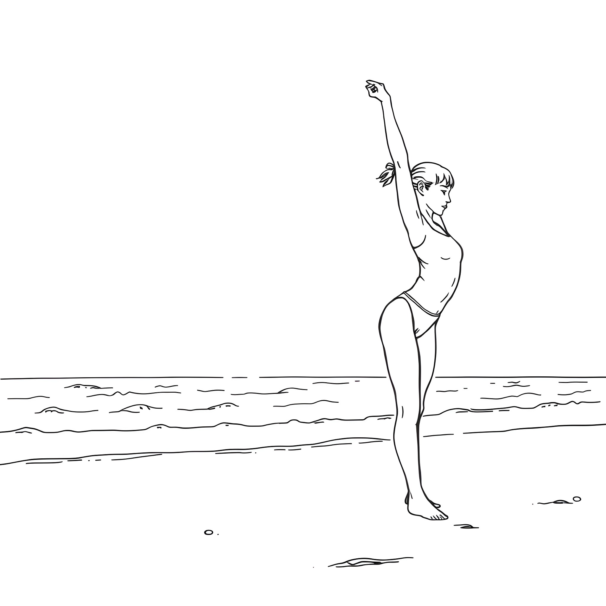 Gymnast performing graceful move by the ocean Coloring Page (free black-and-white line drawing printable PDF for all, from beginners to advanced learners, including children, teens, adults, and seniors)