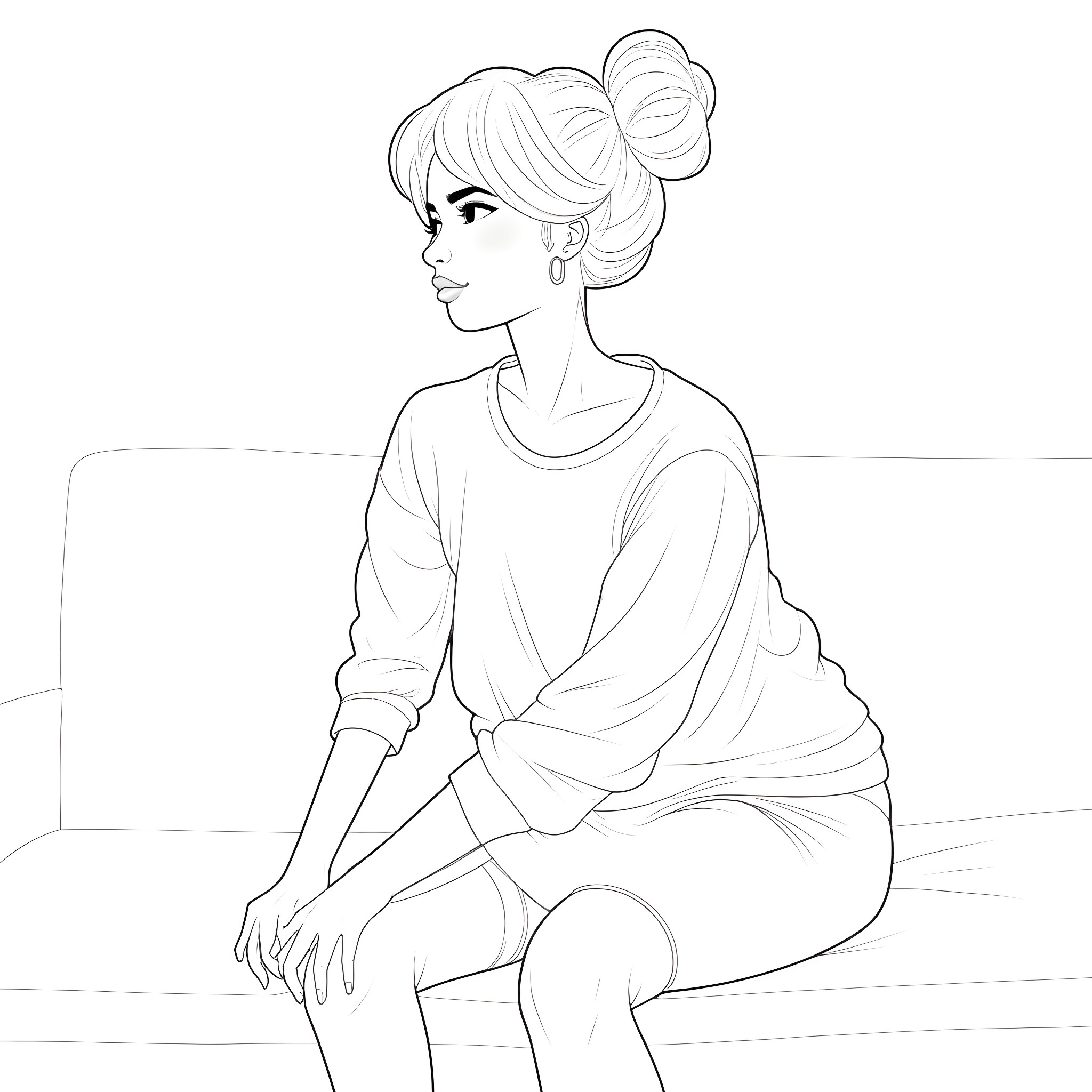 Girl with bun hairstyle sitting on a bench Coloring Page (free black-and-white line drawing printable PDF for all, from beginners to advanced learners, including children, teens, adults, and seniors)