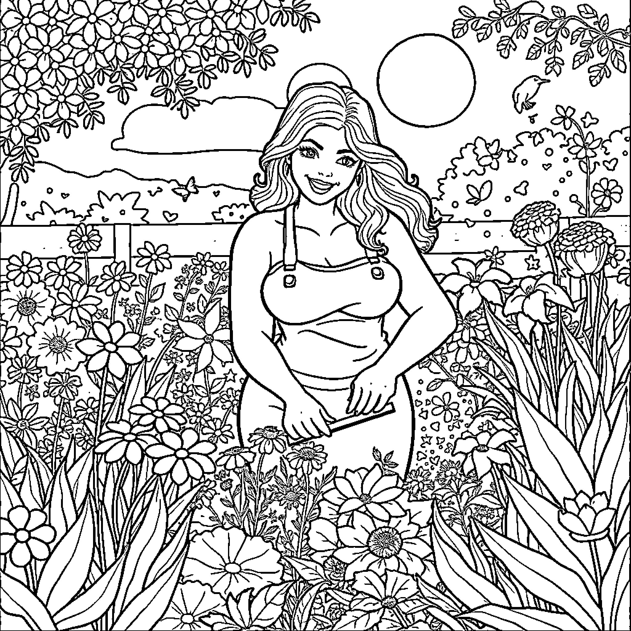 Mom enjoying the garden's natural beauty Coloring Page (free black-and-white line drawing printable PDF for all, from beginners to advanced learners, including children, teens, adults, and seniors)