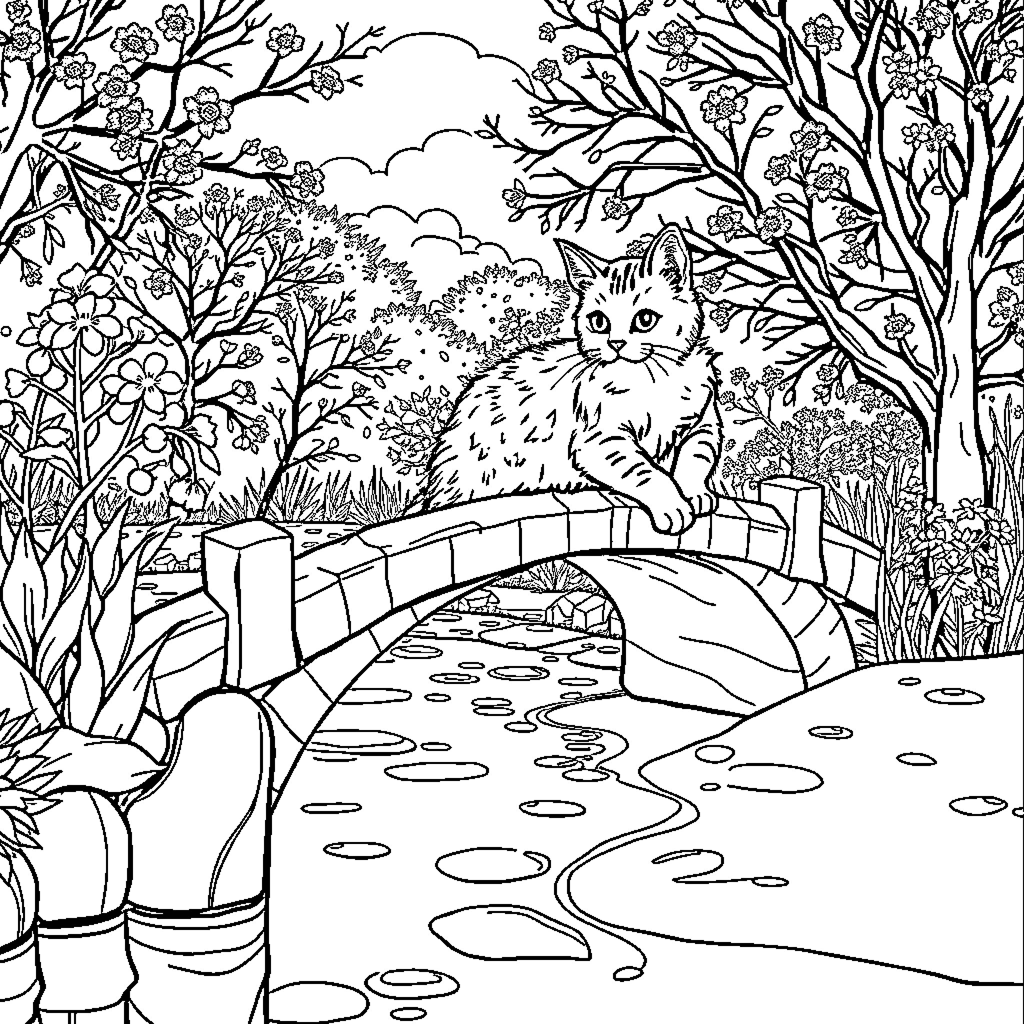 Cat sitting on a bridge in a fantasy garden Coloring Page (free black-and-white line drawing printable PDF for all, from beginners to advanced learners, including children, teens, adults, and seniors)