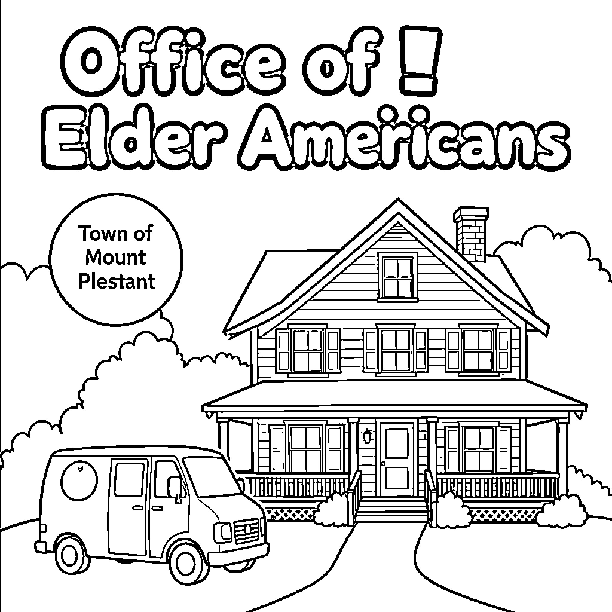 House with office and van in town landscape Coloring Page (free black-and-white line drawing printable PDF for all, from beginners to advanced learners, including children, teens, adults, and seniors)