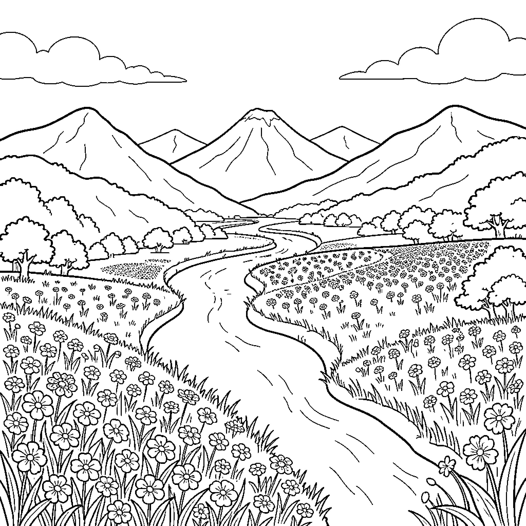 Nature's Vibrant Landscape: A Floral Pathway to the Mountains Coloring Page (free black-and-white line drawing printable PDF for all, from beginners to advanced learners, including children, teens, adults, and seniors)