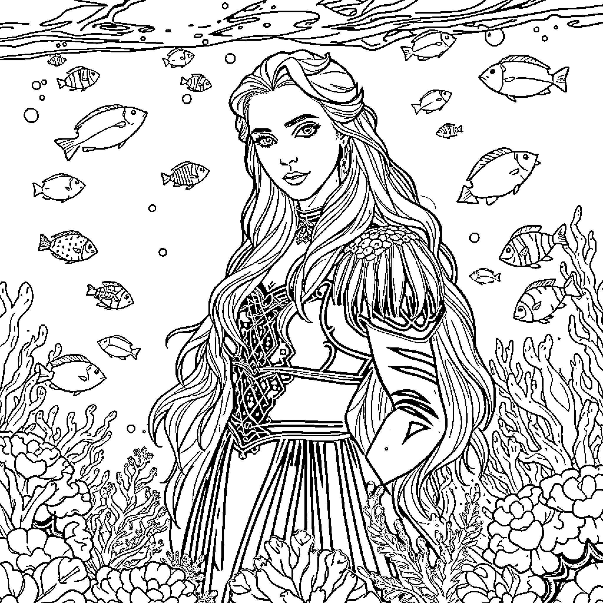 Mermaid enjoying the underwater scene Coloring Page (free black-and-white line drawing printable PDF for all, from beginners to advanced learners, including children, teens, adults, and seniors)