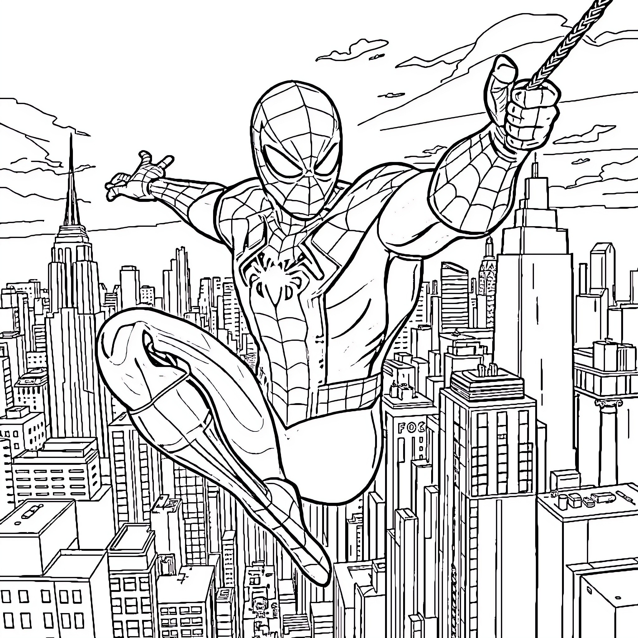Spiderman swinging through the city skyline Coloring Page (free black-and-white line drawing printable PDF for all, from beginners to advanced learners, including children, teens, adults, and seniors)