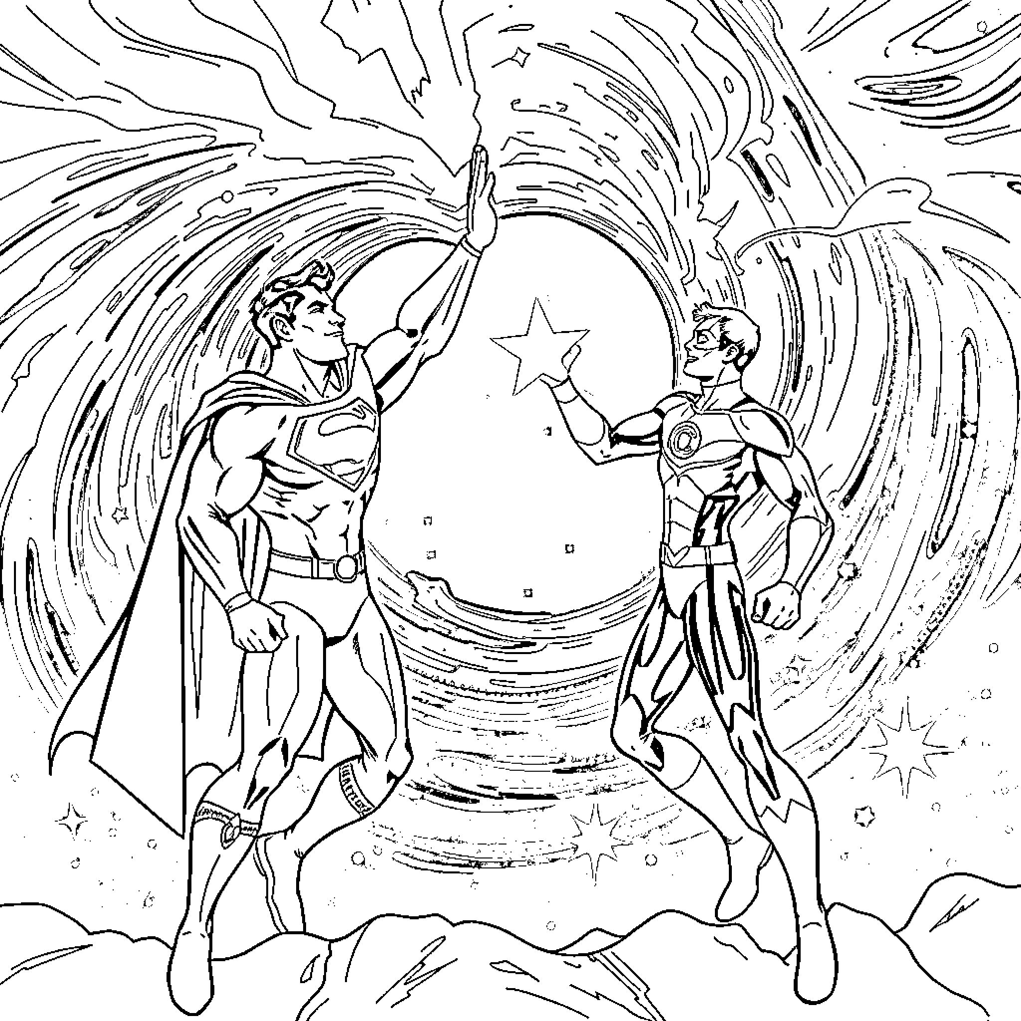 Superman and sidekick battling cosmic forces Coloring Page (free black-and-white line drawing printable PDF for all, from beginners to advanced learners, including children, teens, adults, and seniors)