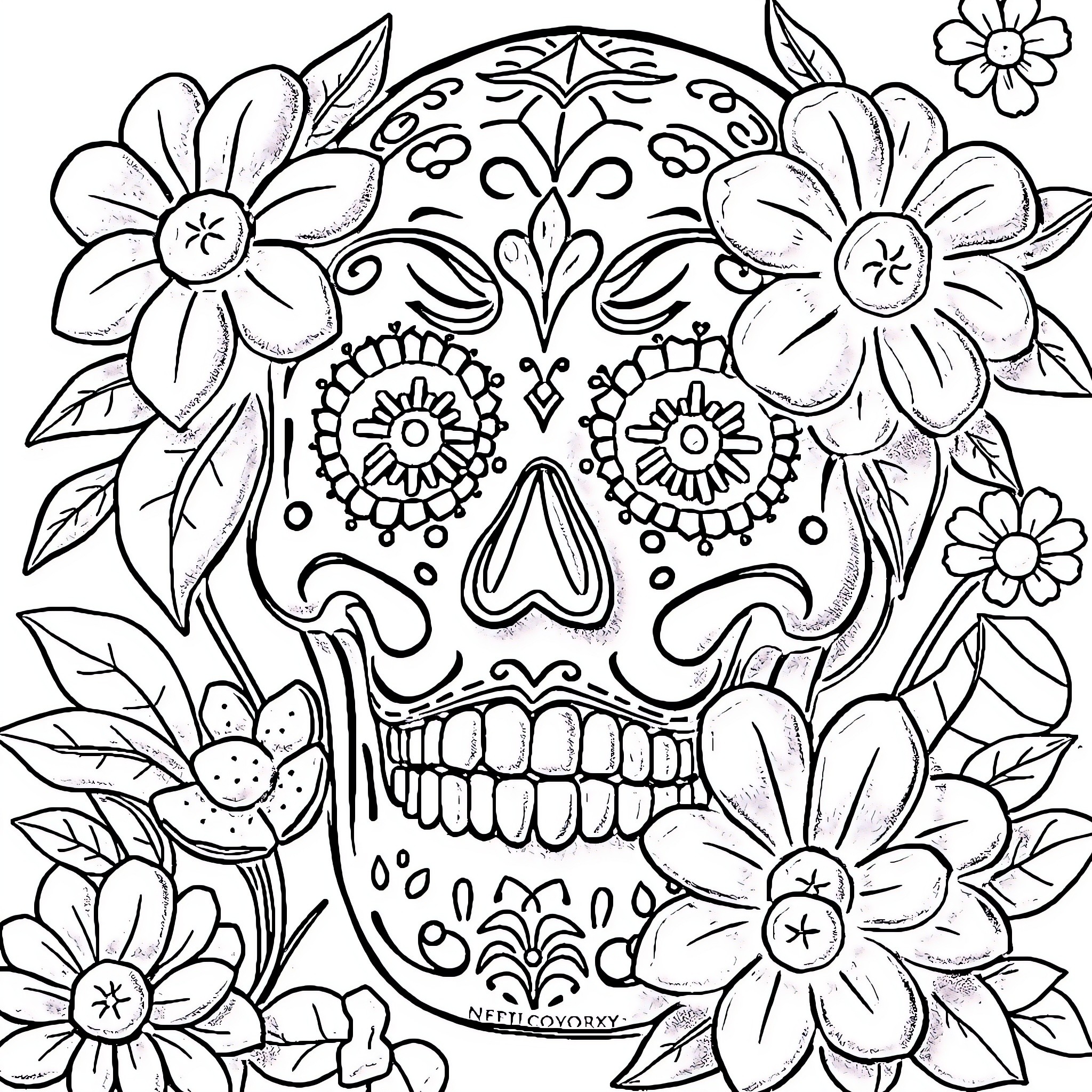 Skull surrounded by ornate floral designs Coloring Page (free black-and-white line drawing printable PDF for all, from beginners to advanced learners, including children, teens, adults, and seniors)