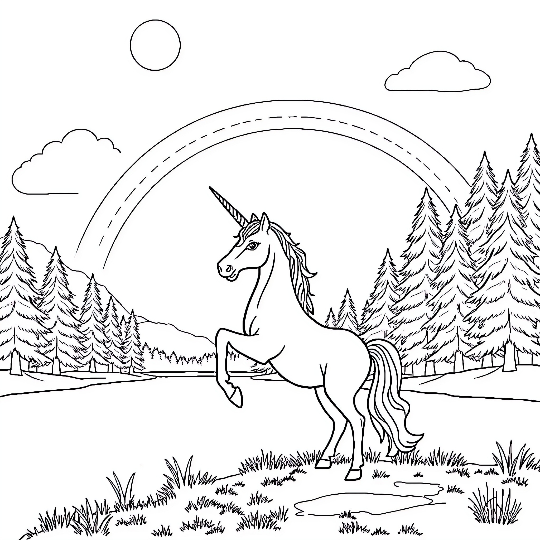 Unicorn in Majestic Forest Landscape Coloring Page (free black-and-white line drawing printable PDF for all, from beginners to advanced learners, including children, teens, adults, and seniors)