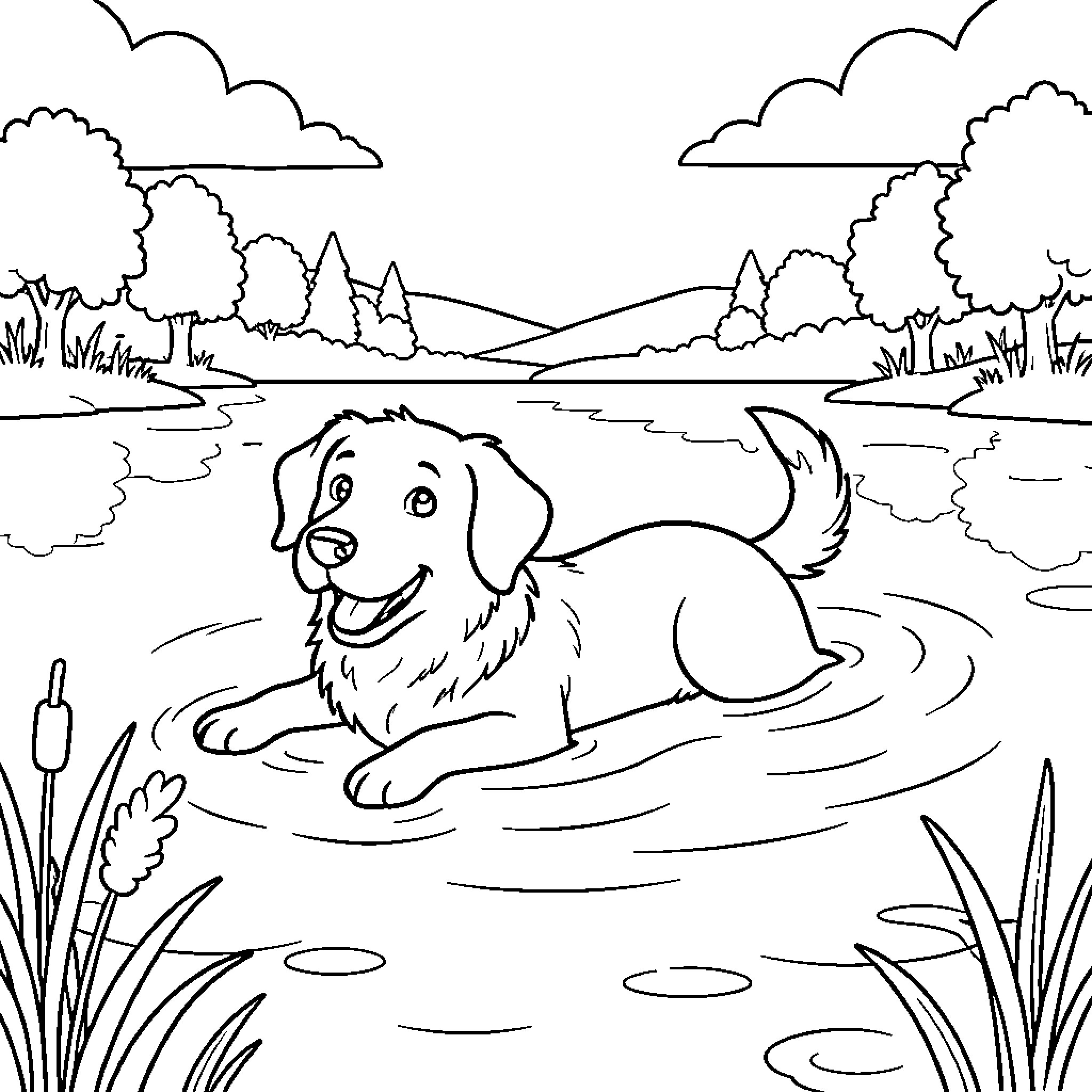 Dog swimming happily in a calm lake Coloring Page (free black-and-white line drawing printable PDF for all, from beginners to advanced learners, including children, teens, adults, and seniors)