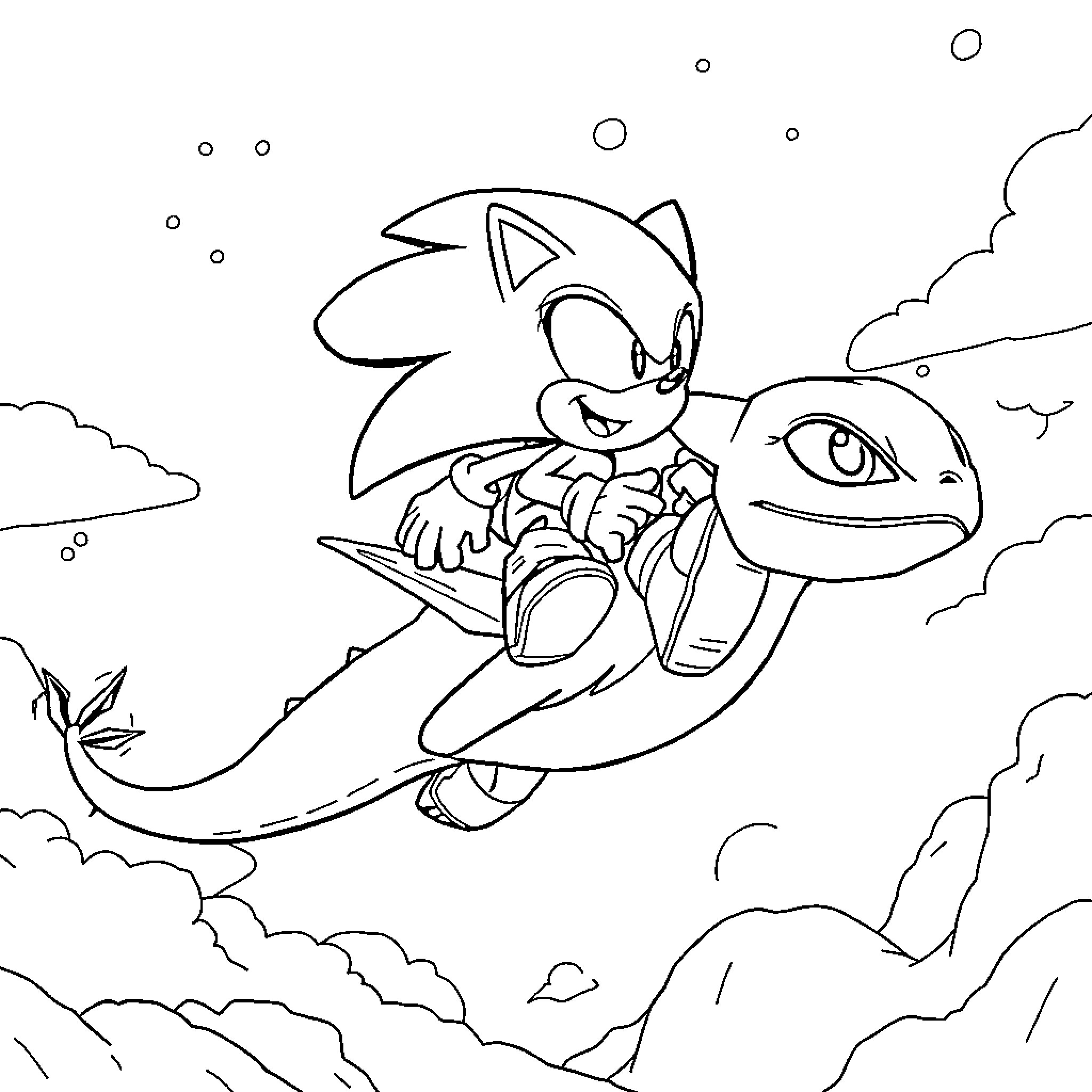 Sonic riding a dragon through the skies Coloring Page (free black-and-white line drawing printable PDF for all, from beginners to advanced learners, including children, teens, adults, and seniors)