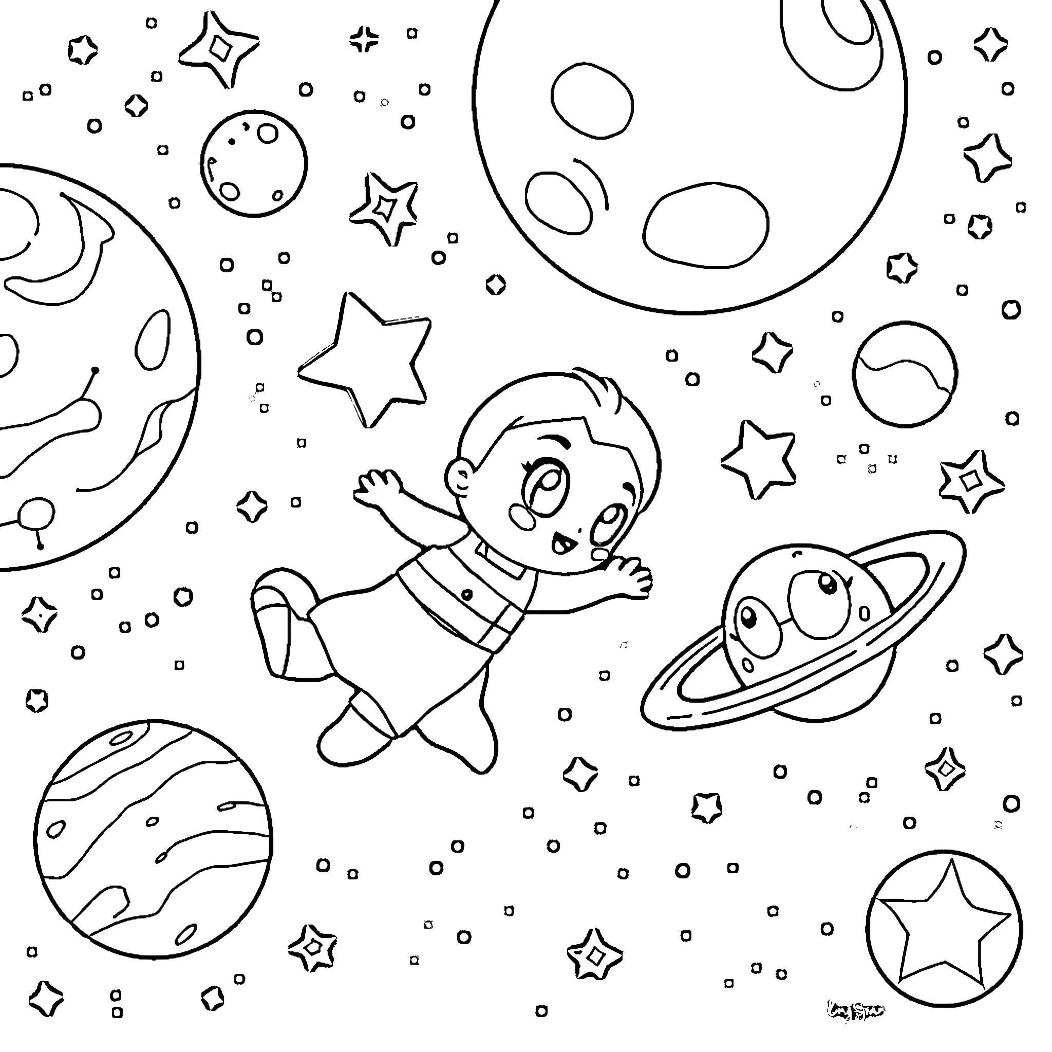 Bluey explores the wondrous cosmic universe Coloring Page (free black-and-white line drawing printable PDF for all, from beginners to advanced learners, including children, teens, adults, and seniors)