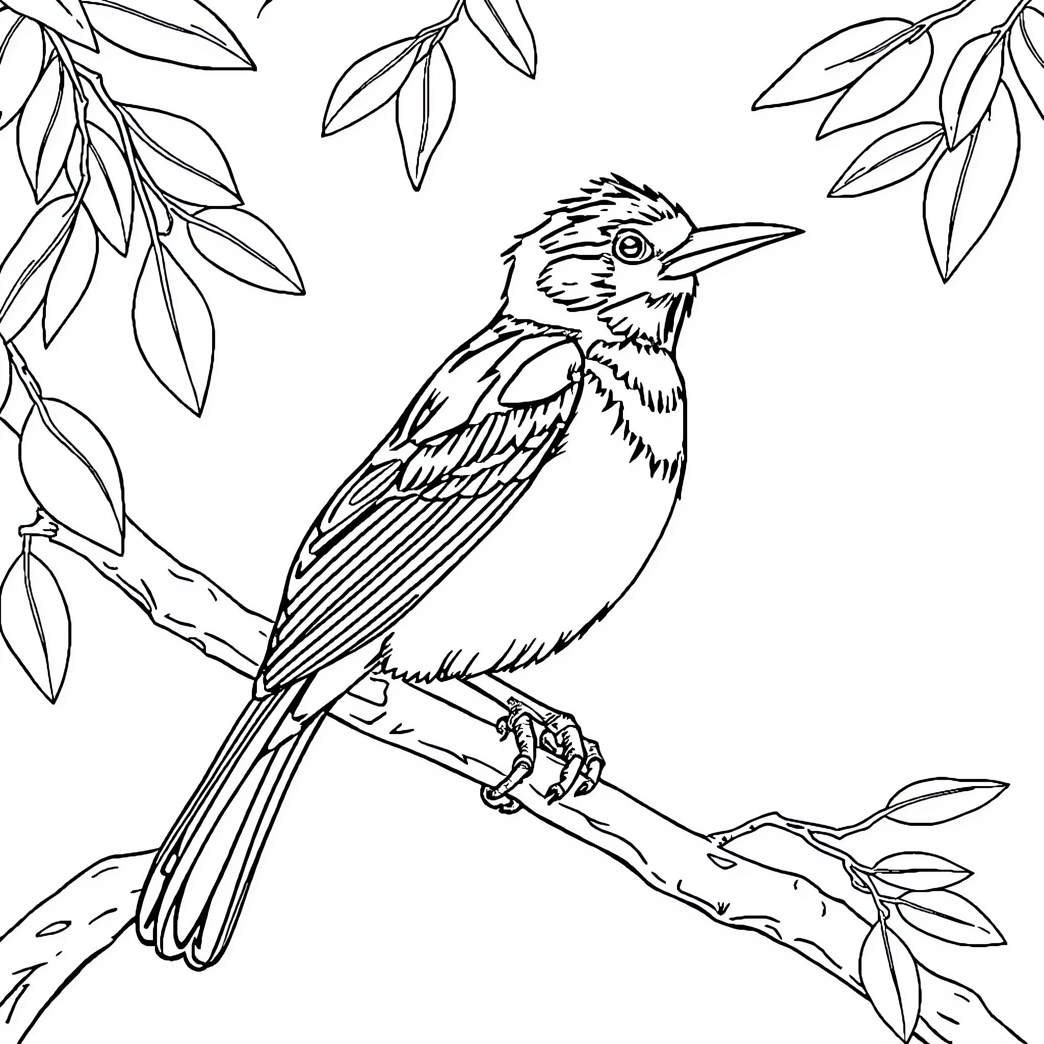 Jalak bird perched on a branch Coloring Page (free black-and-white line drawing printable PDF for all, from beginners to advanced learners, including children, teens, adults, and seniors)