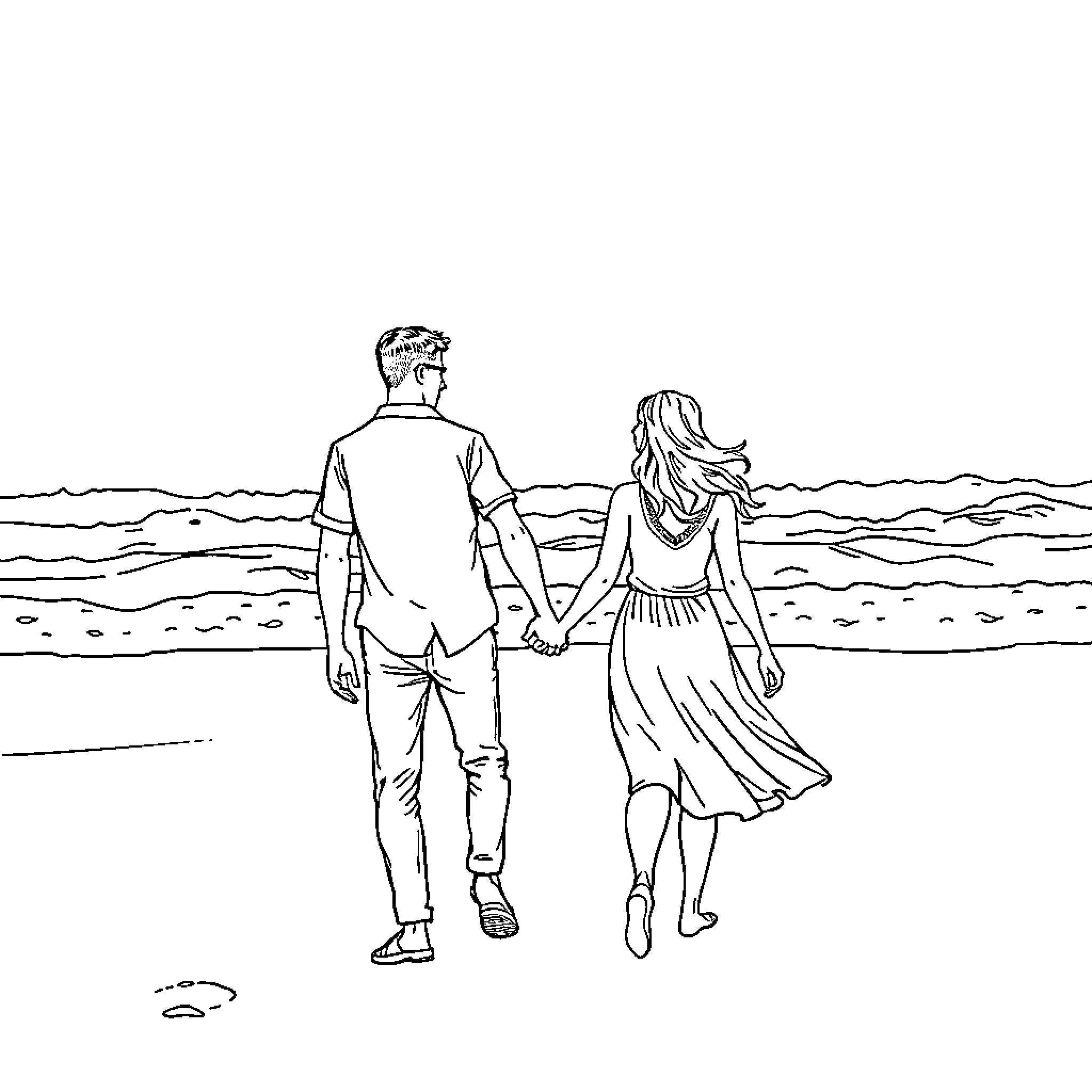 Man and Woman Walking Together on the Beach Coloring Page (free black-and-white line drawing printable PDF for all, from beginners to advanced learners, including children, teens, adults, and seniors)