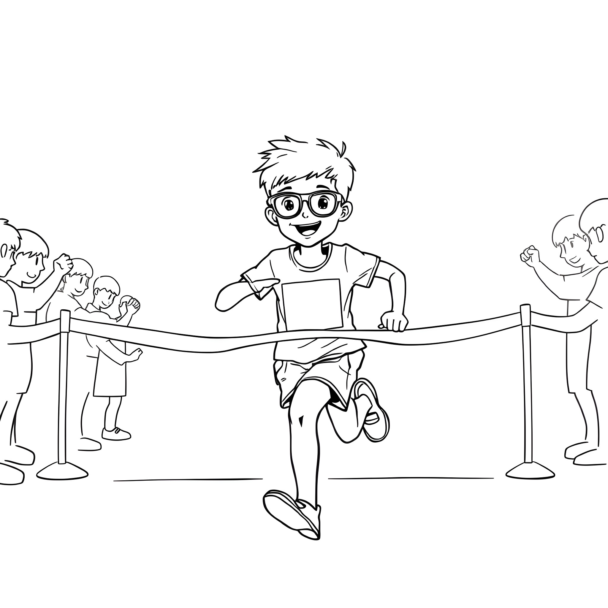Boy Runs Excitedly Through Crowd Coloring Page (free black-and-white line drawing printable PDF for all, from beginners to advanced learners, including children, teens, adults, and seniors)