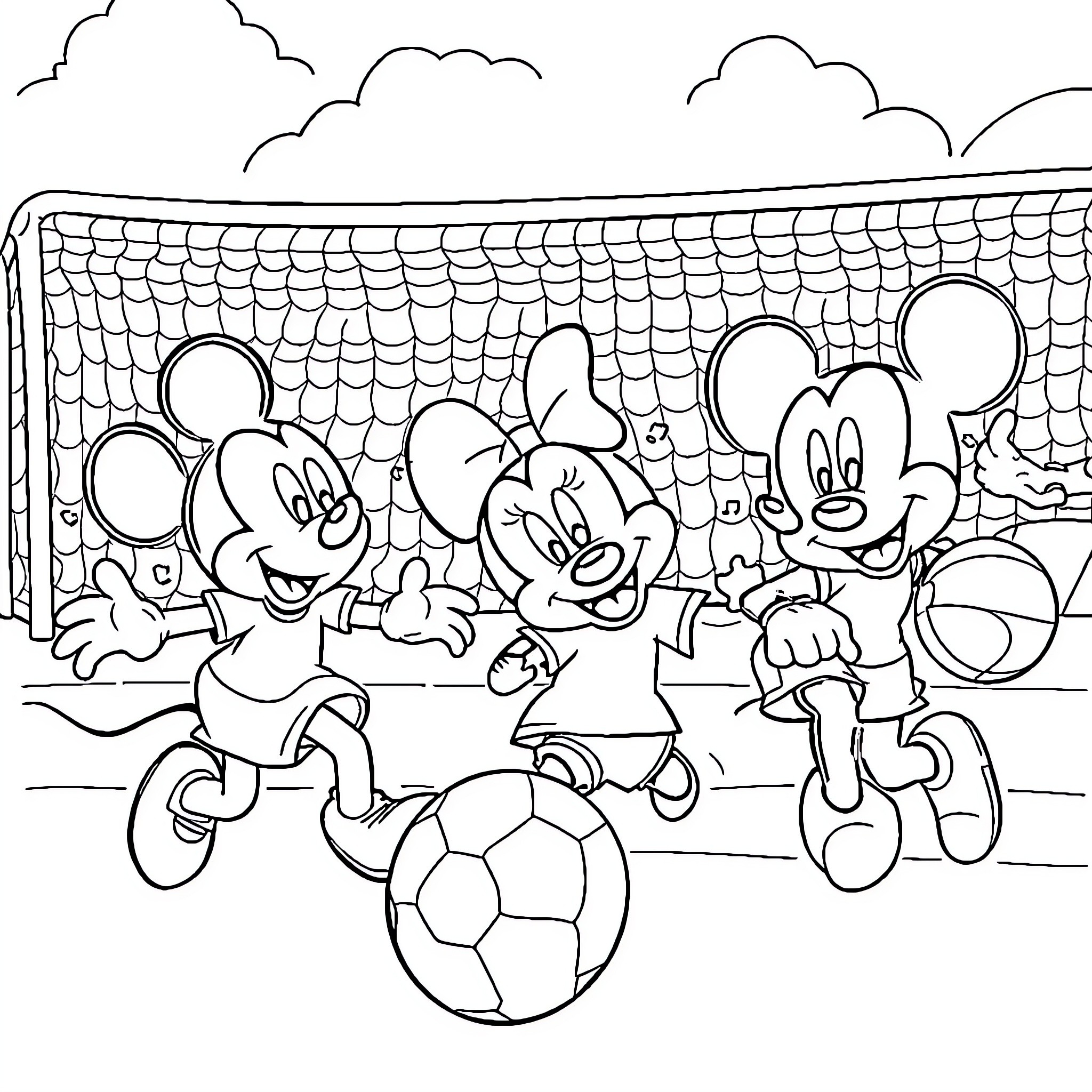 Disney characters playing soccer together Coloring Page (free black-and-white line drawing printable PDF for all, from beginners to advanced learners, including children, teens, adults, and seniors)