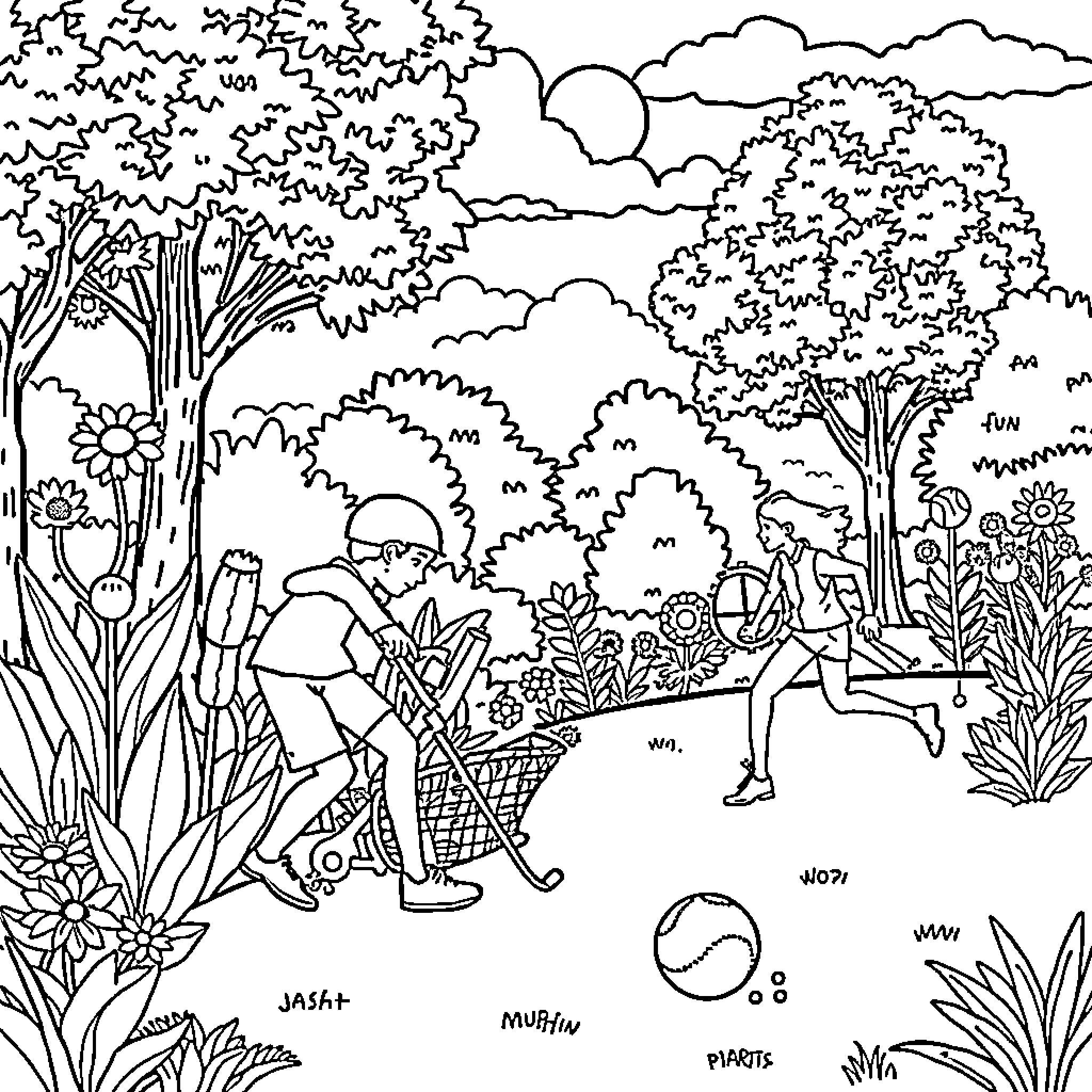 Plant Life in the Garden Scene Coloring Page (free black-and-white line drawing printable PDF for all, from beginners to advanced learners, including children, teens, adults, and seniors)