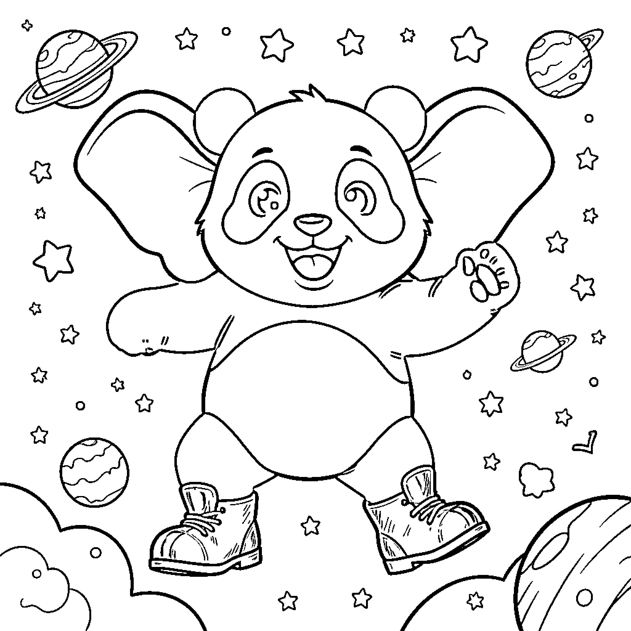 Panda floating happily among stars and planets Coloring Page (free black-and-white line drawing printable PDF for all, from beginners to advanced learners, including children, teens, adults, and seniors)