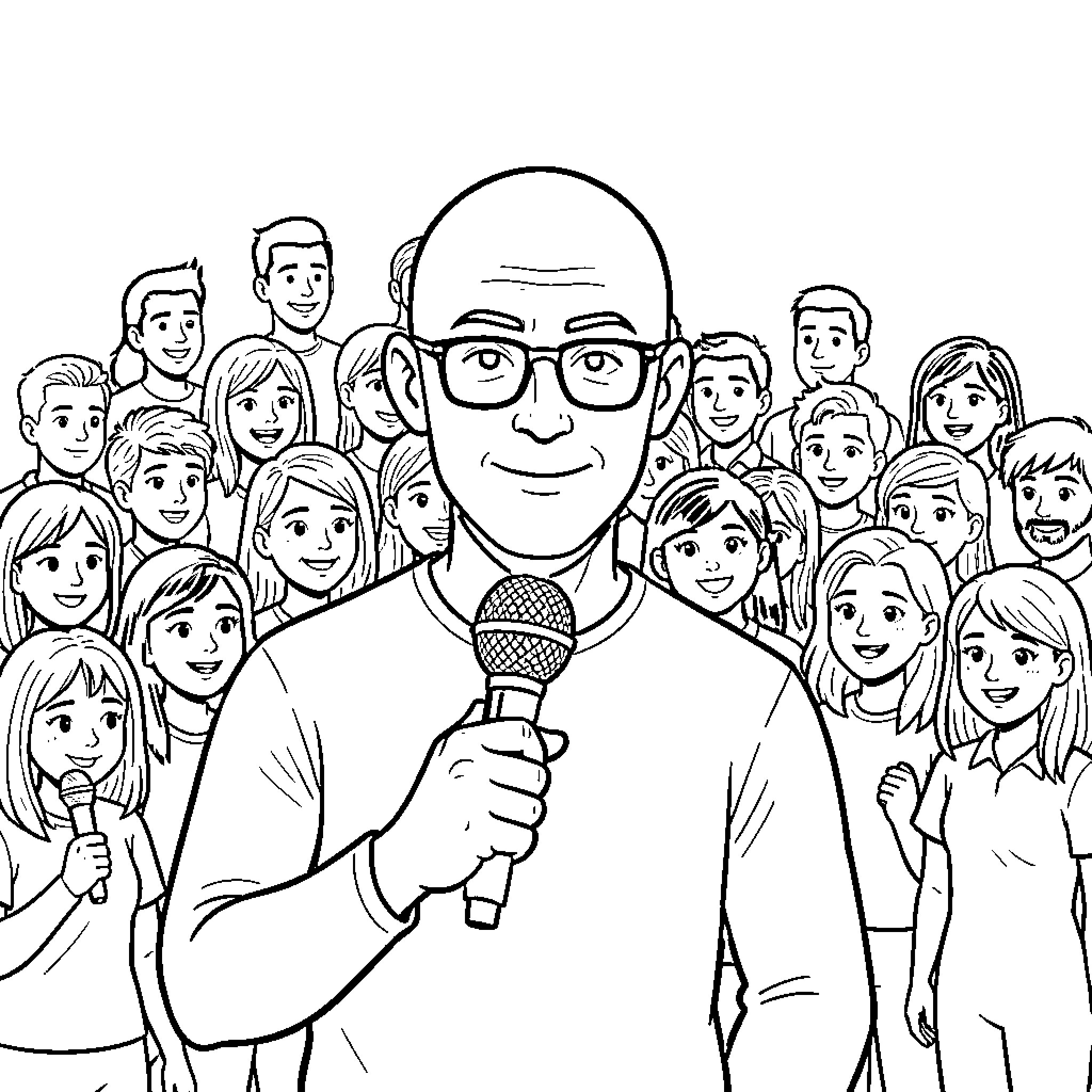 Man holding a microphone while standing before a crowd Coloring Page (free black-and-white line drawing printable PDF for all, from beginners to advanced learners, including children, teens, adults, and seniors)