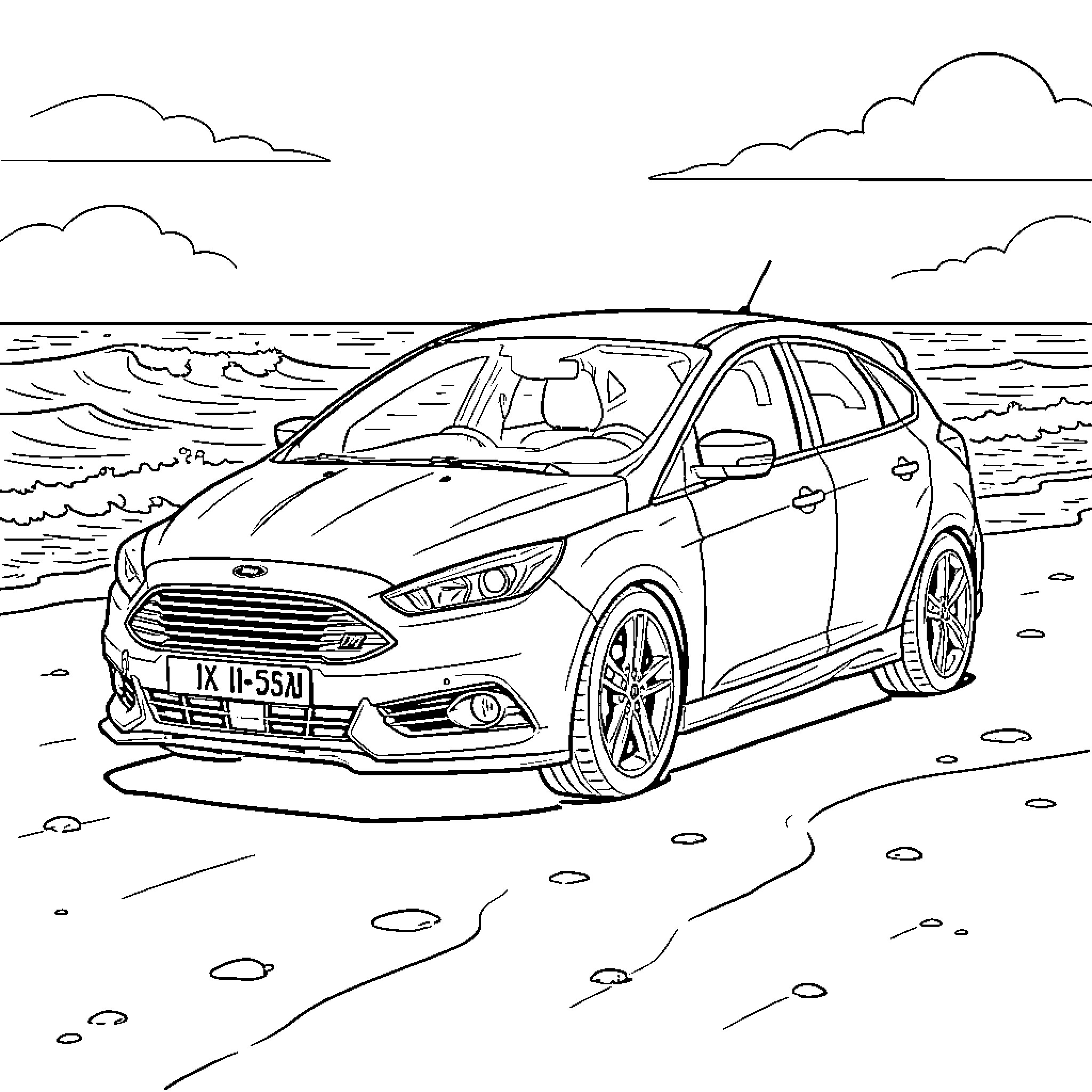 Ford car driving by the beach Coloring Page (free black-and-white line drawing printable PDF for all, from beginners to advanced learners, including children, teens, adults, and seniors)