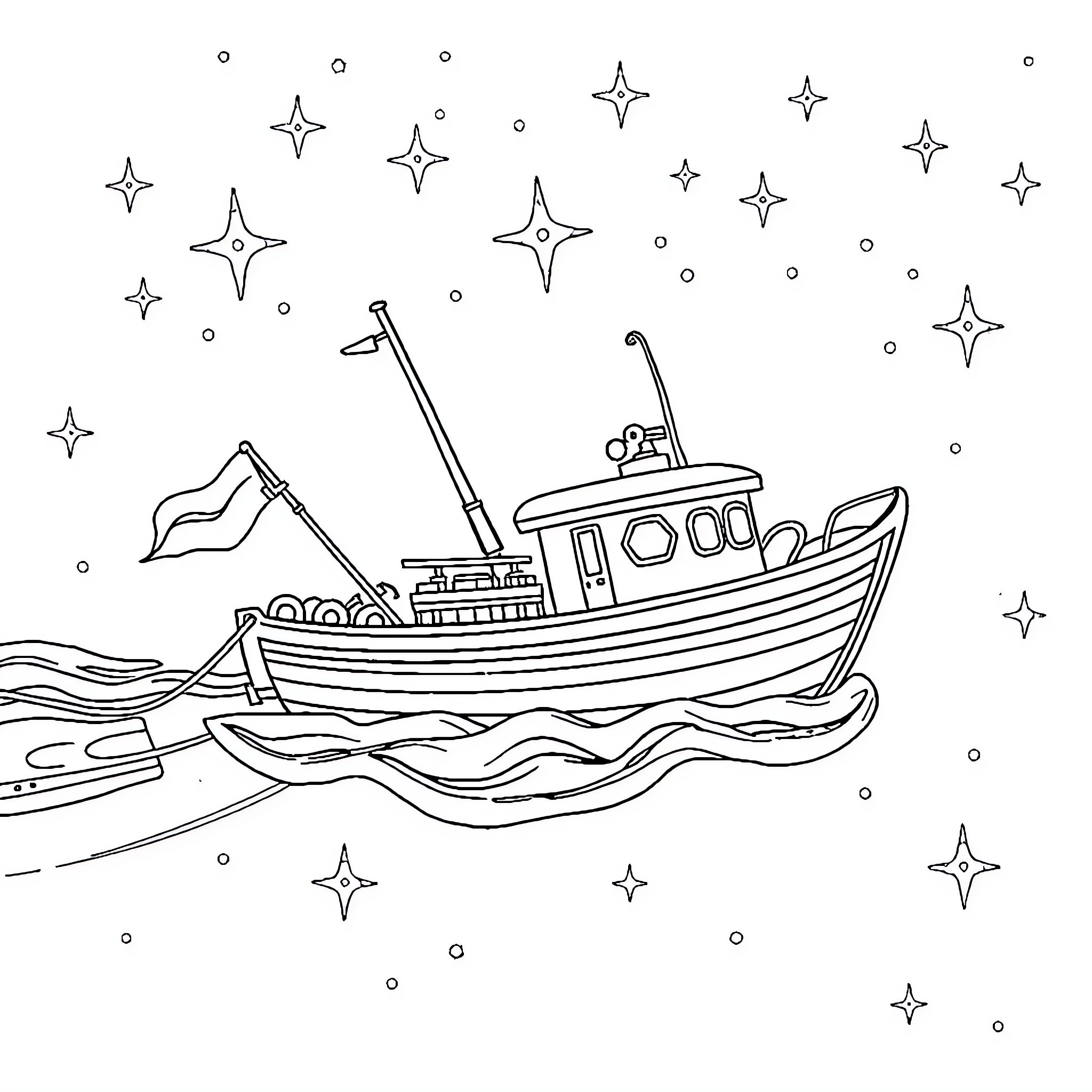 Fishing Boat Sailing Under the Stars Coloring Page (free black-and-white line drawing printable PDF for all, from beginners to advanced learners, including children, teens, adults, and seniors)