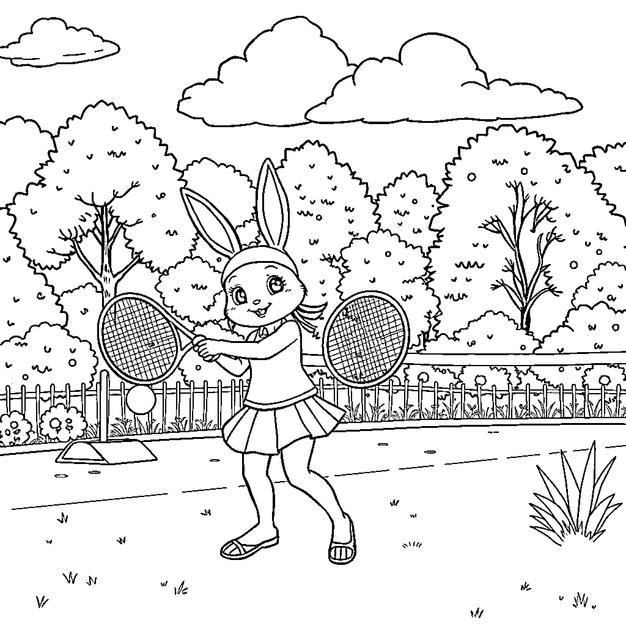 Rabbit playing tennis in the park Coloring Page (free black-and-white line drawing printable PDF for all, from beginners to advanced learners, including children, teens, adults, and seniors)