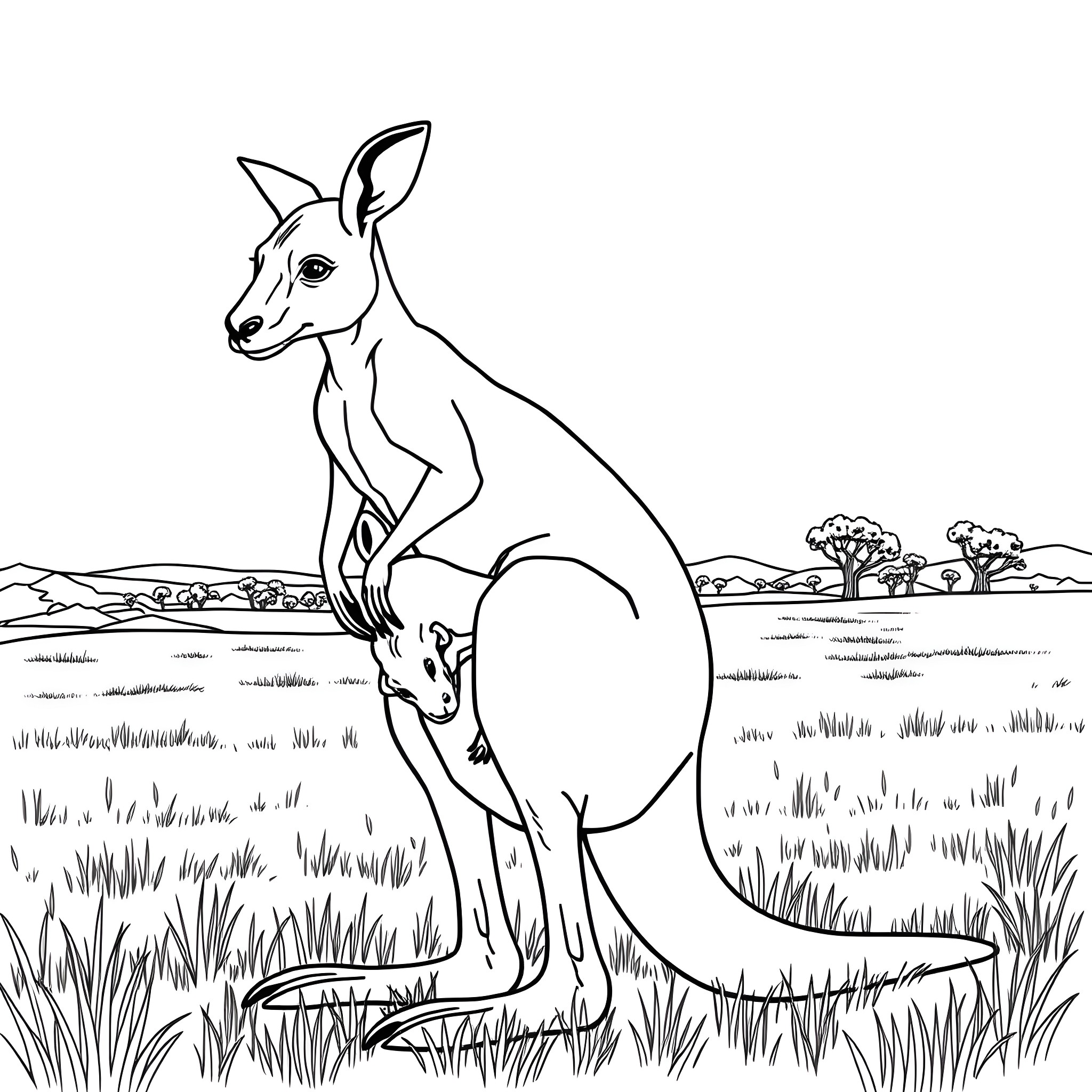 Kangaroo in the Australian outback Coloring Page (free black-and-white line drawing printable PDF for all, from beginners to advanced learners, including children, teens, adults, and seniors)