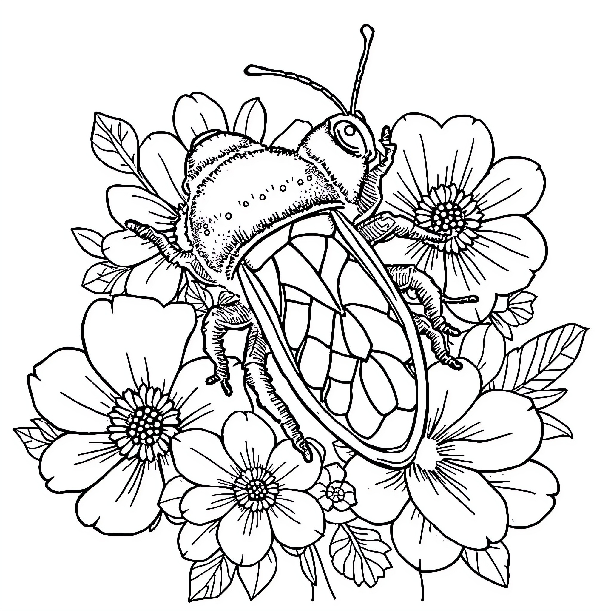 Beetle exploring vibrant floral surroundings Coloring Page (free black-and-white line drawing printable PDF for all, from beginners to advanced learners, including children, teens, adults, and seniors)