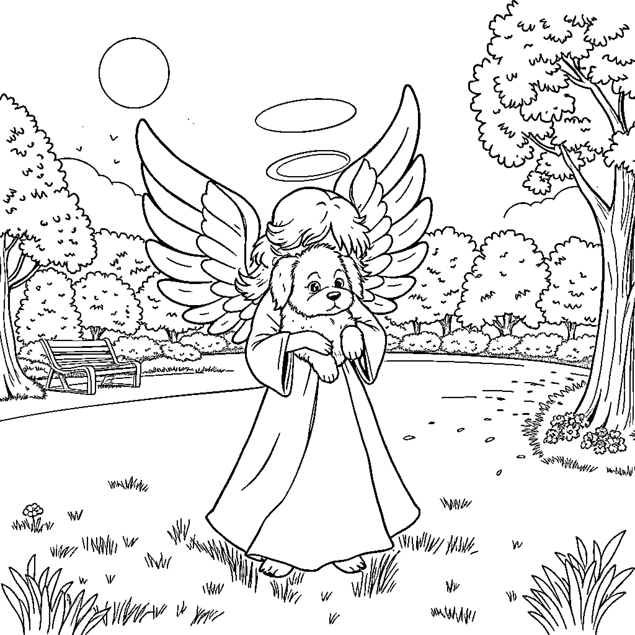 Angel in peaceful garden with nature Coloring Page (free black-and-white line drawing printable PDF for all, from beginners to advanced learners, including children, teens, adults, and seniors)