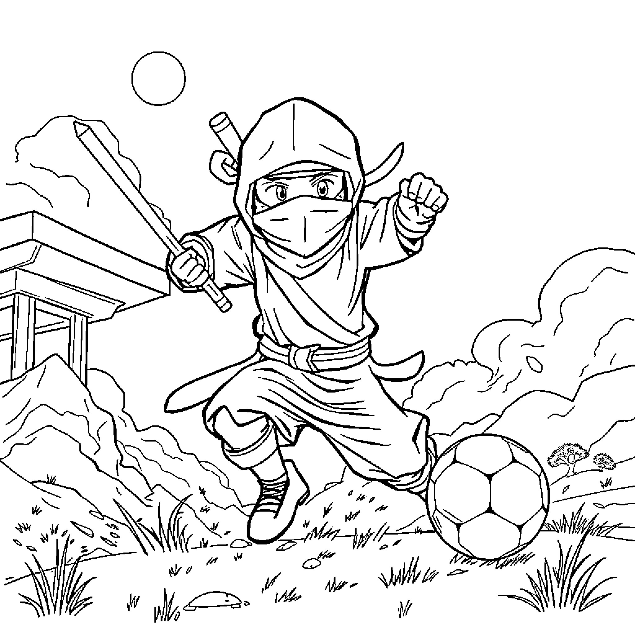Ninja Warrior Playing Soccer in Scenic Landscape Coloring Page (free black-and-white line drawing printable PDF for all, from beginners to advanced learners, including children, teens, adults, and seniors)