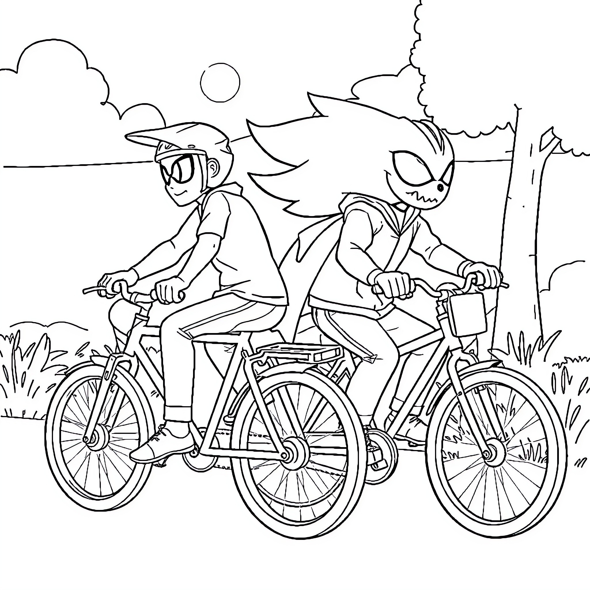 Glurak enjoying a bicycle ride with a friend Coloring Page (free black-and-white line drawing printable PDF for all, from beginners to advanced learners, including children, teens, adults, and seniors)