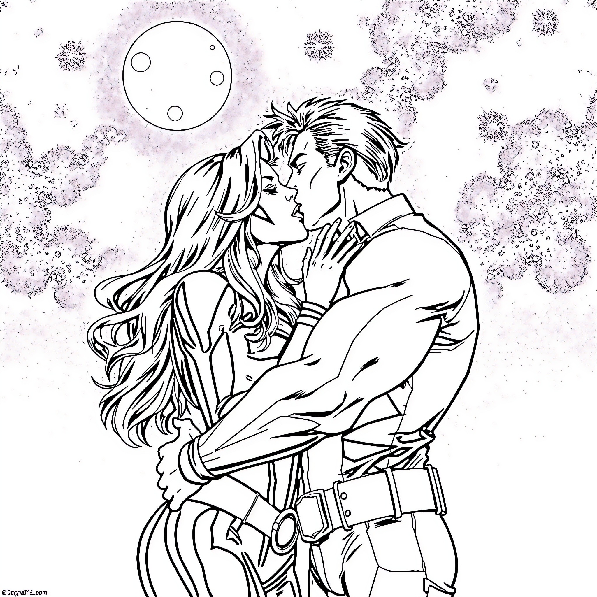 X-Men: Intimate Embrace Under the Stars Coloring Page (free black-and-white line drawing printable PDF for all, from beginners to advanced learners, including children, teens, adults, and seniors)