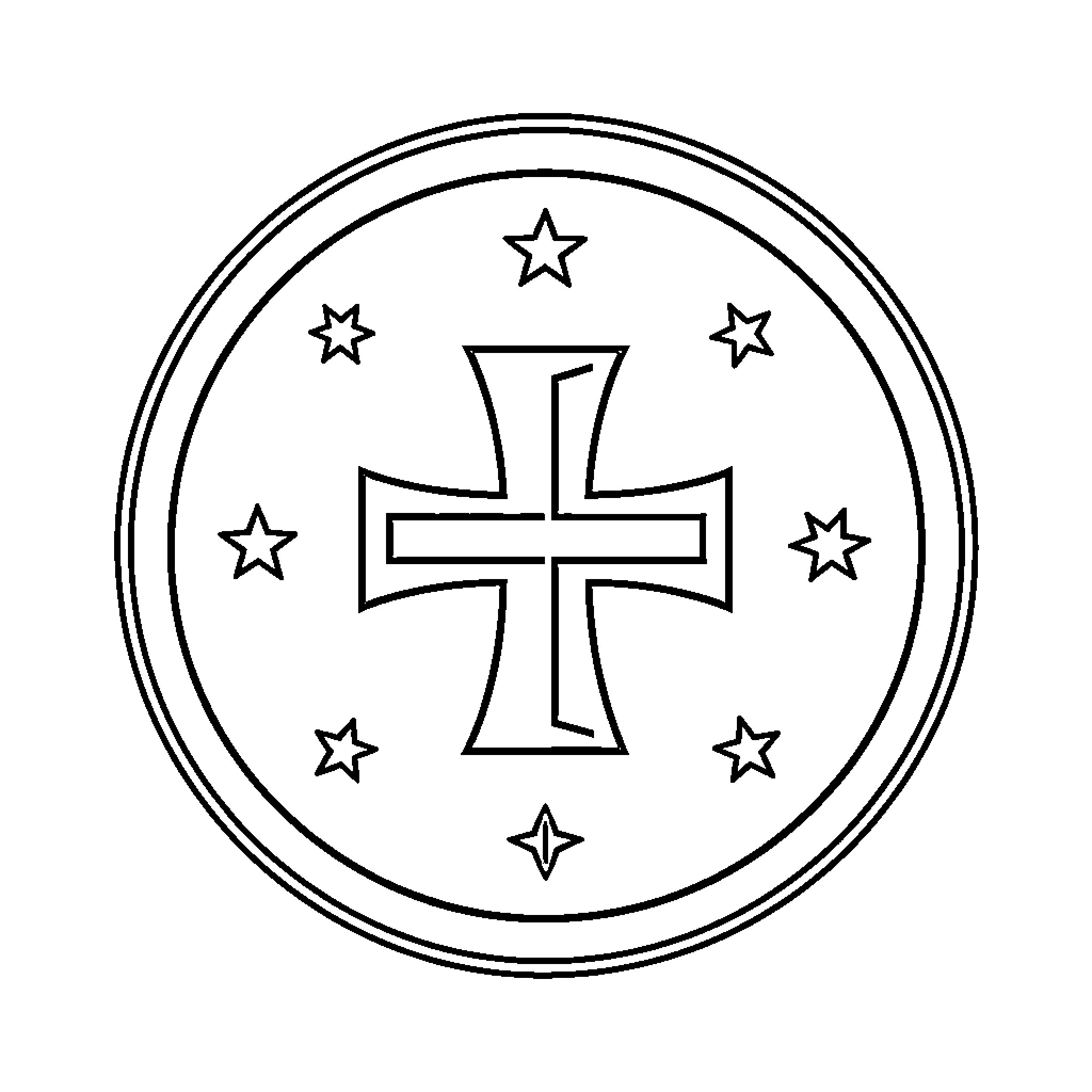 Logo featuring a central cross surrounded by stars Coloring Page (free black-and-white line drawing printable PDF for all, from beginners to advanced learners, including children, teens, adults, and seniors)