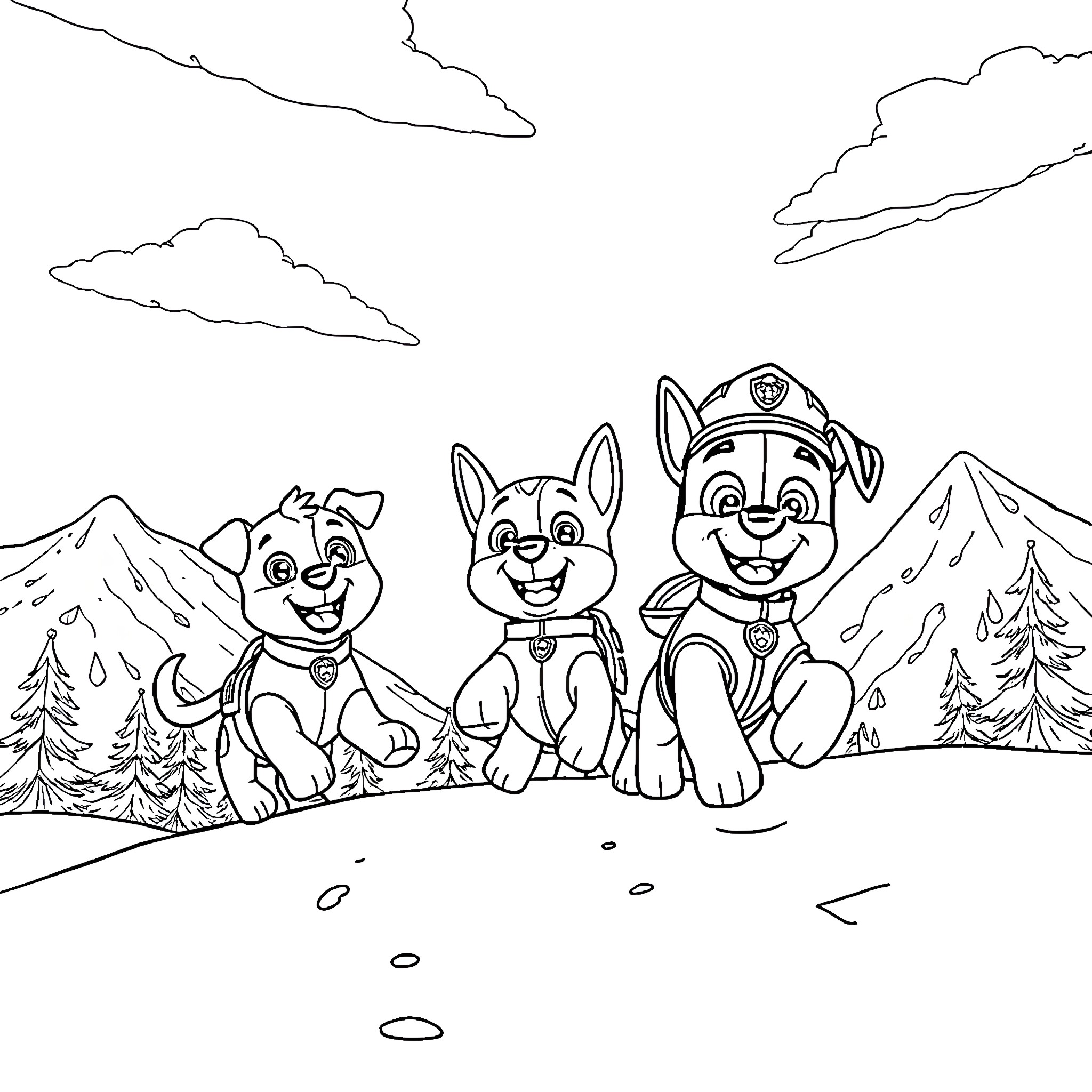 Paw Patrol puppies exploring the great outdoors Coloring Page (free black-and-white line drawing printable PDF for all, from beginners to advanced learners, including children, teens, adults, and seniors)