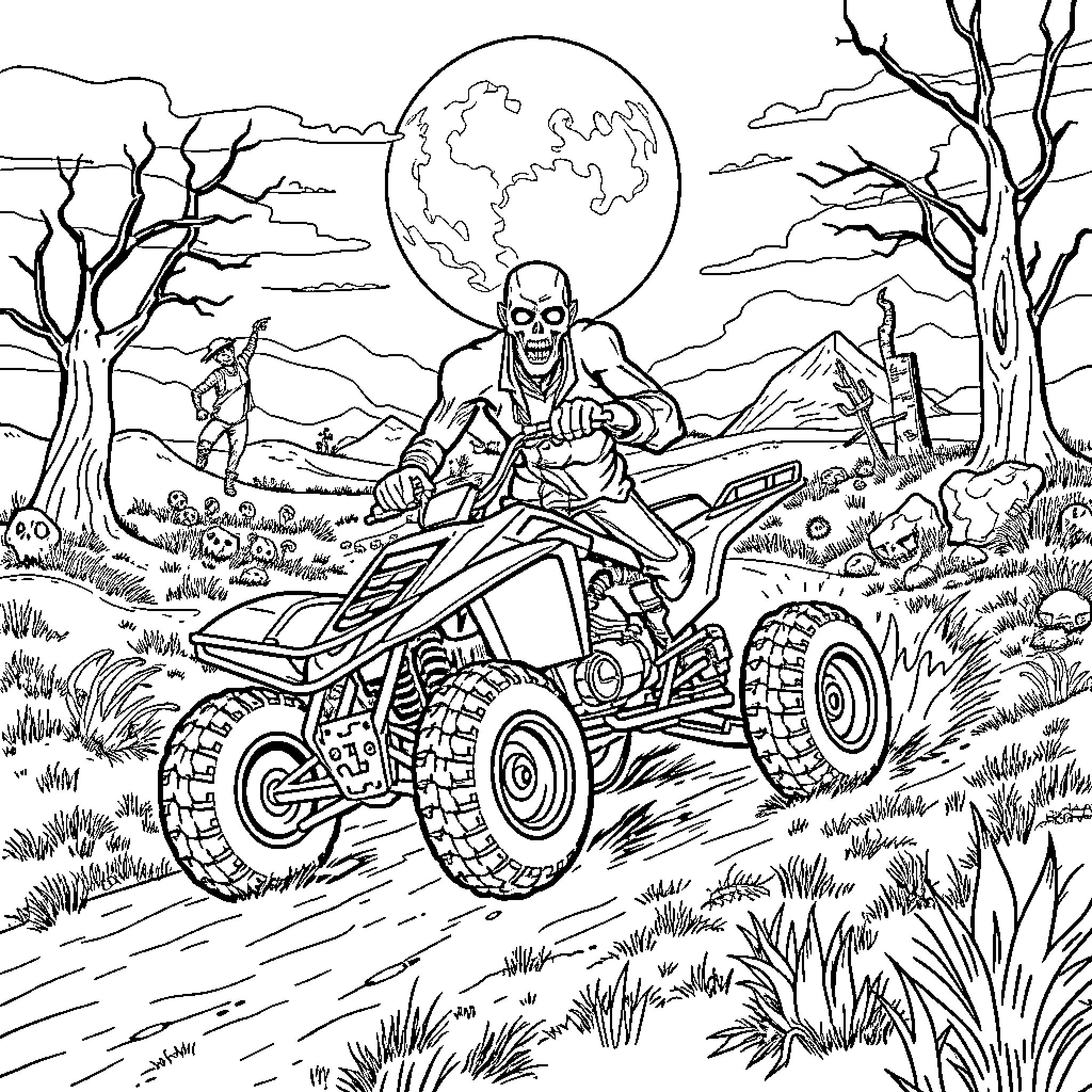 Quad Ride Through Skeletal Landscape Under Moonlight Coloring Page (free black-and-white line drawing printable PDF for all, from beginners to advanced learners, including children, teens, adults, and seniors)