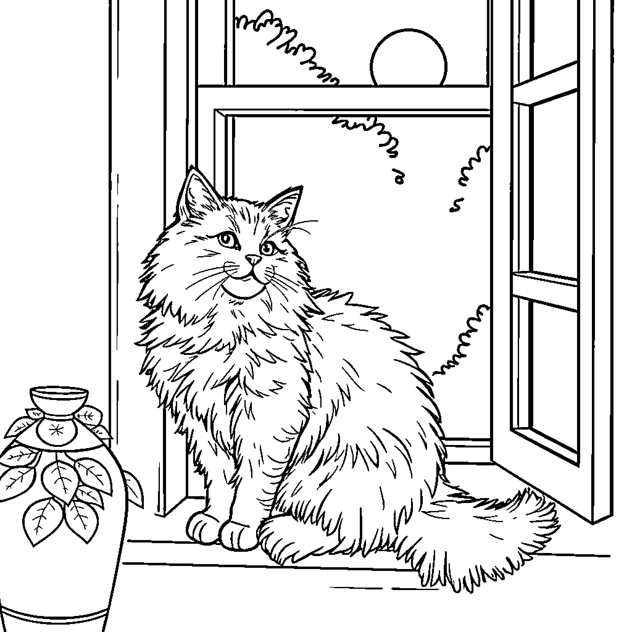 Cat sitting near window Coloring Page (free black-and-white line drawing printable PDF for all, from beginners to advanced learners, including children, teens, adults, and seniors)