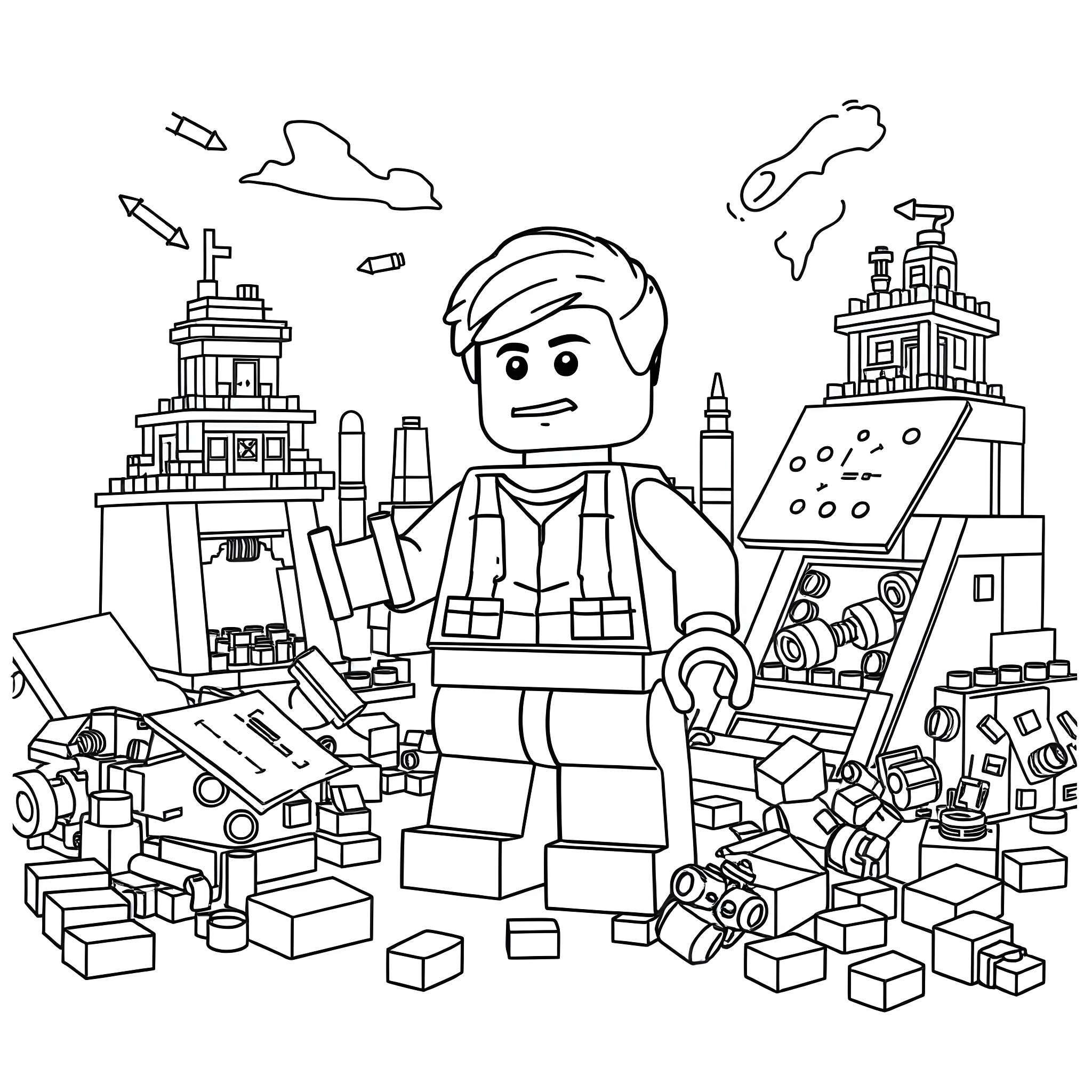 Lego Minifig exploring a cluttered workspace Coloring Page (free black-and-white line drawing printable PDF for all, from beginners to advanced learners, including children, teens, adults, and seniors)